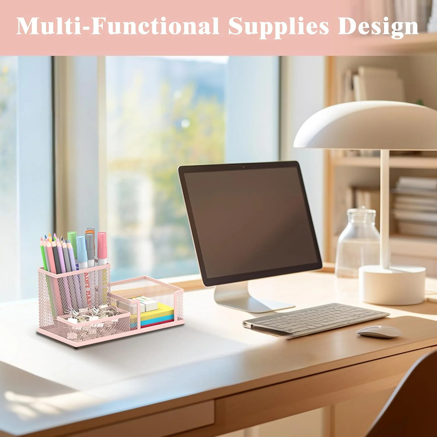 Mesh Pen Holder Desk Organizer, Office Supplies Pencil Storage with 3 Compartmen