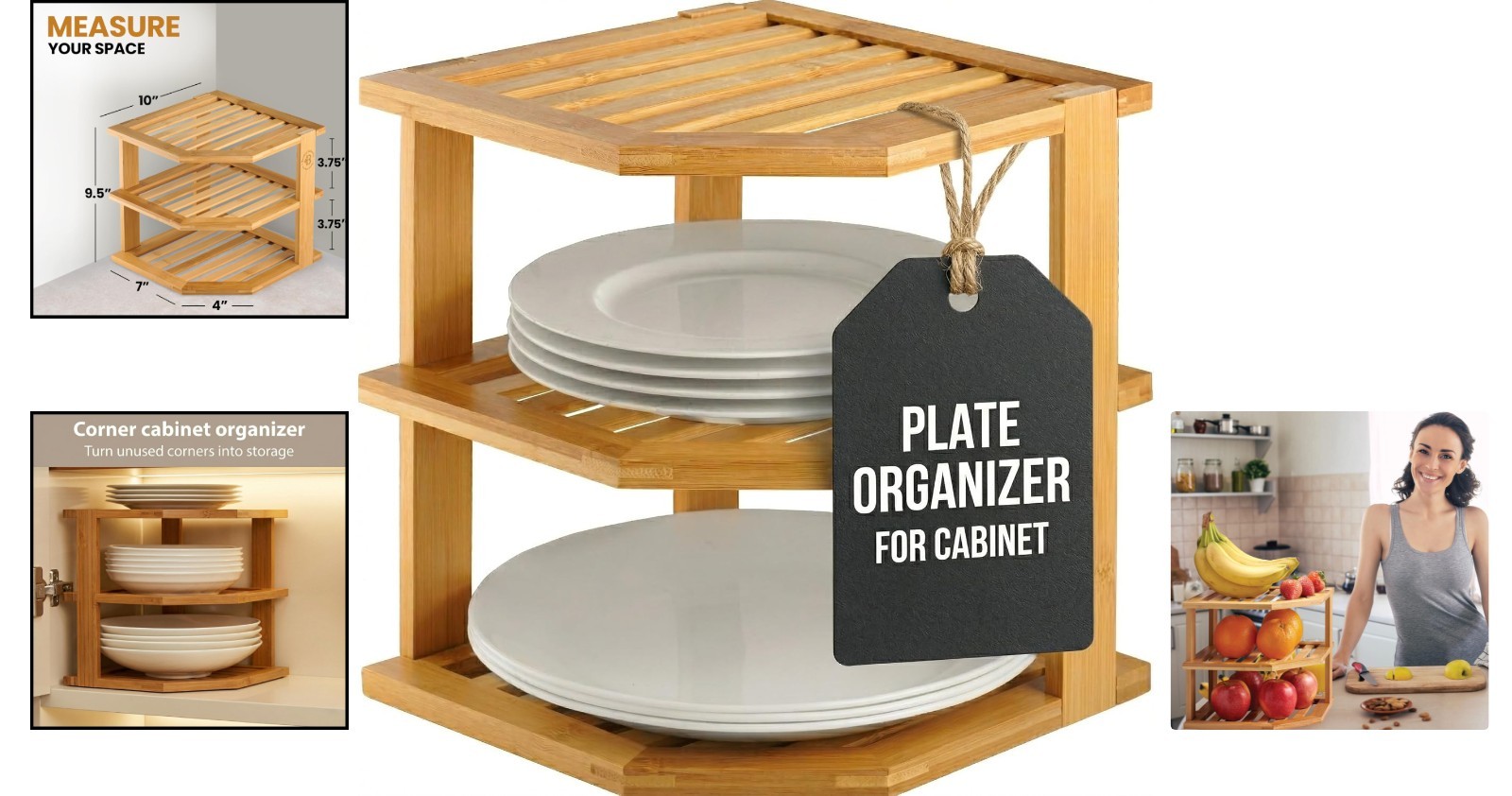 3 Tier Bamboo Corner Shelf – Elegant Space Saver for Plates & Mugs, 10x10x9.5″