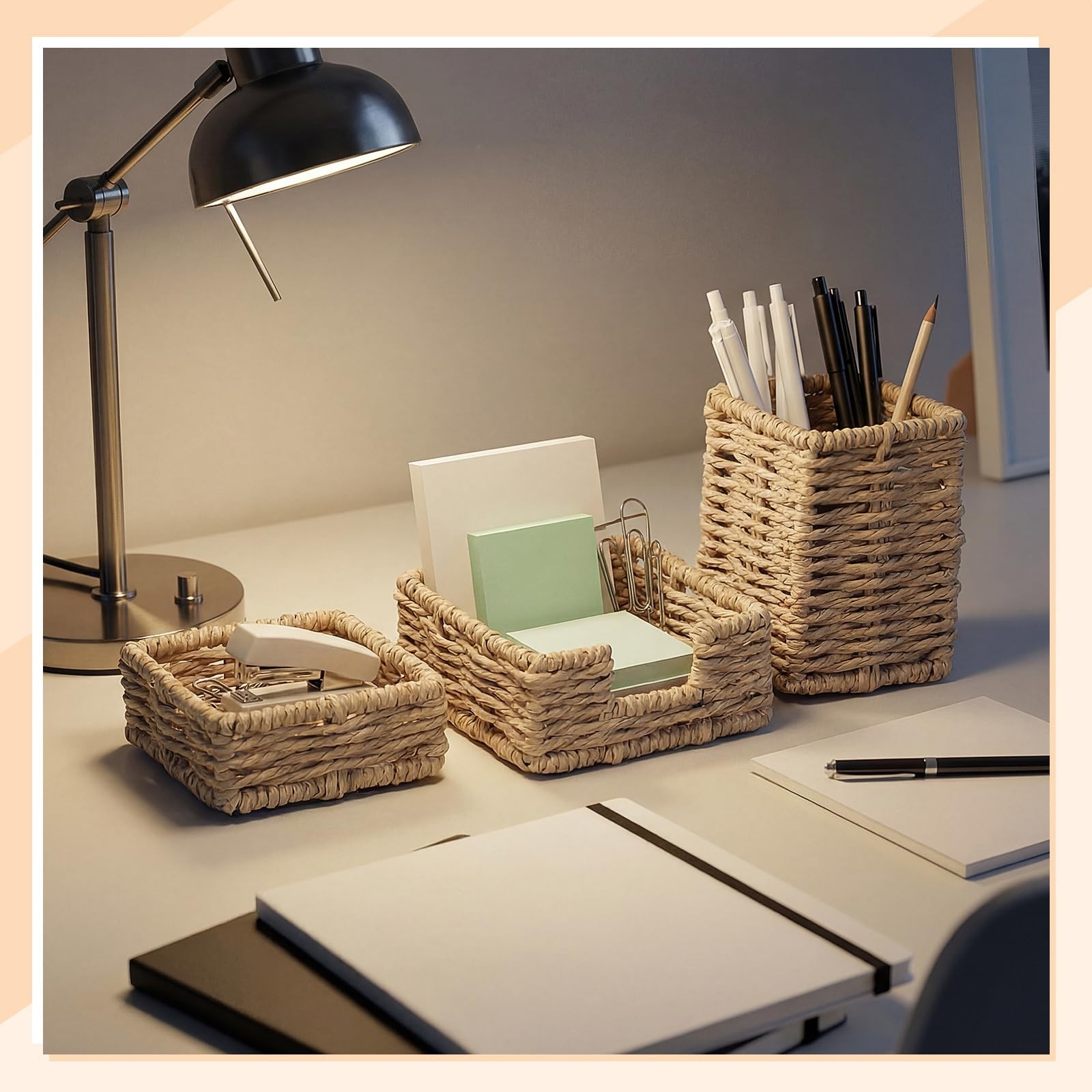 Paper Rope Woven Desk Organizer Set of 3 Natural Desktop Accessories Pencil P…