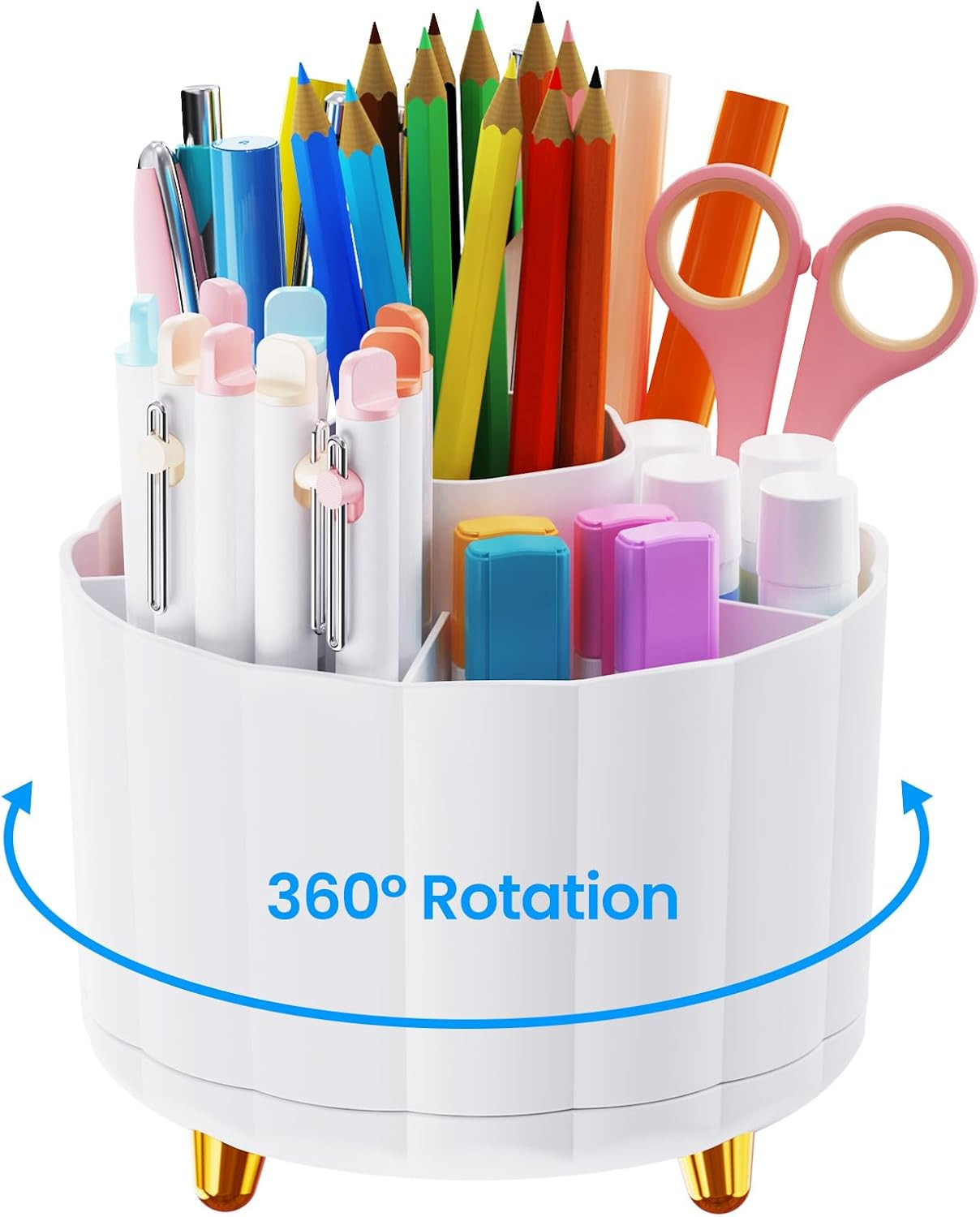 360 Rotating Pencil Pen Holder for Desk, White Pen Organizer with 6 Slots, Cute