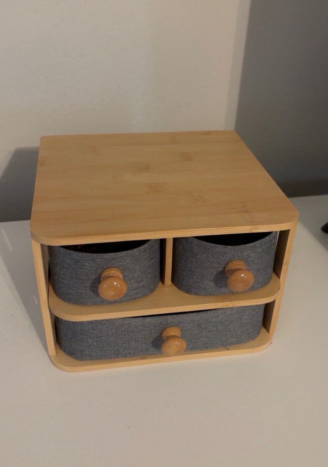 Bamboo Desktop Organizer Storage Box, Bamboo Wood Frame with 3 Fabric Drawers