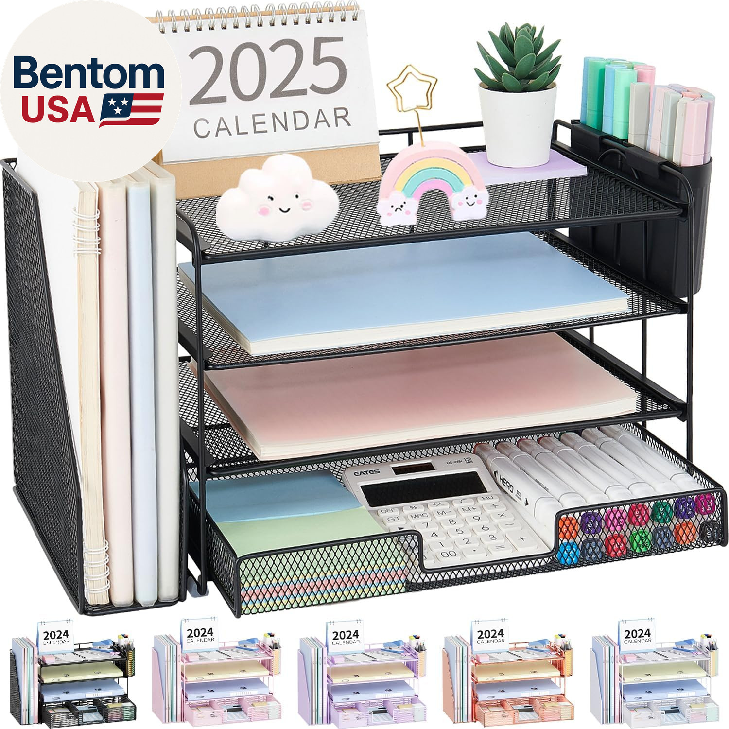 Desk Organizer, 4-Tier Desktop File Organizer with Drawer and 2 Pen Holders, Off