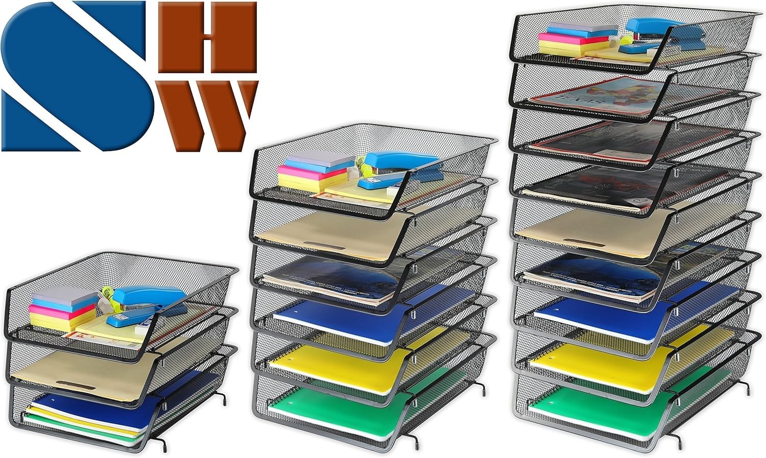 Letter Tray Organizer Stackable Steel Mesh 3 Pack Black Desk File Storage