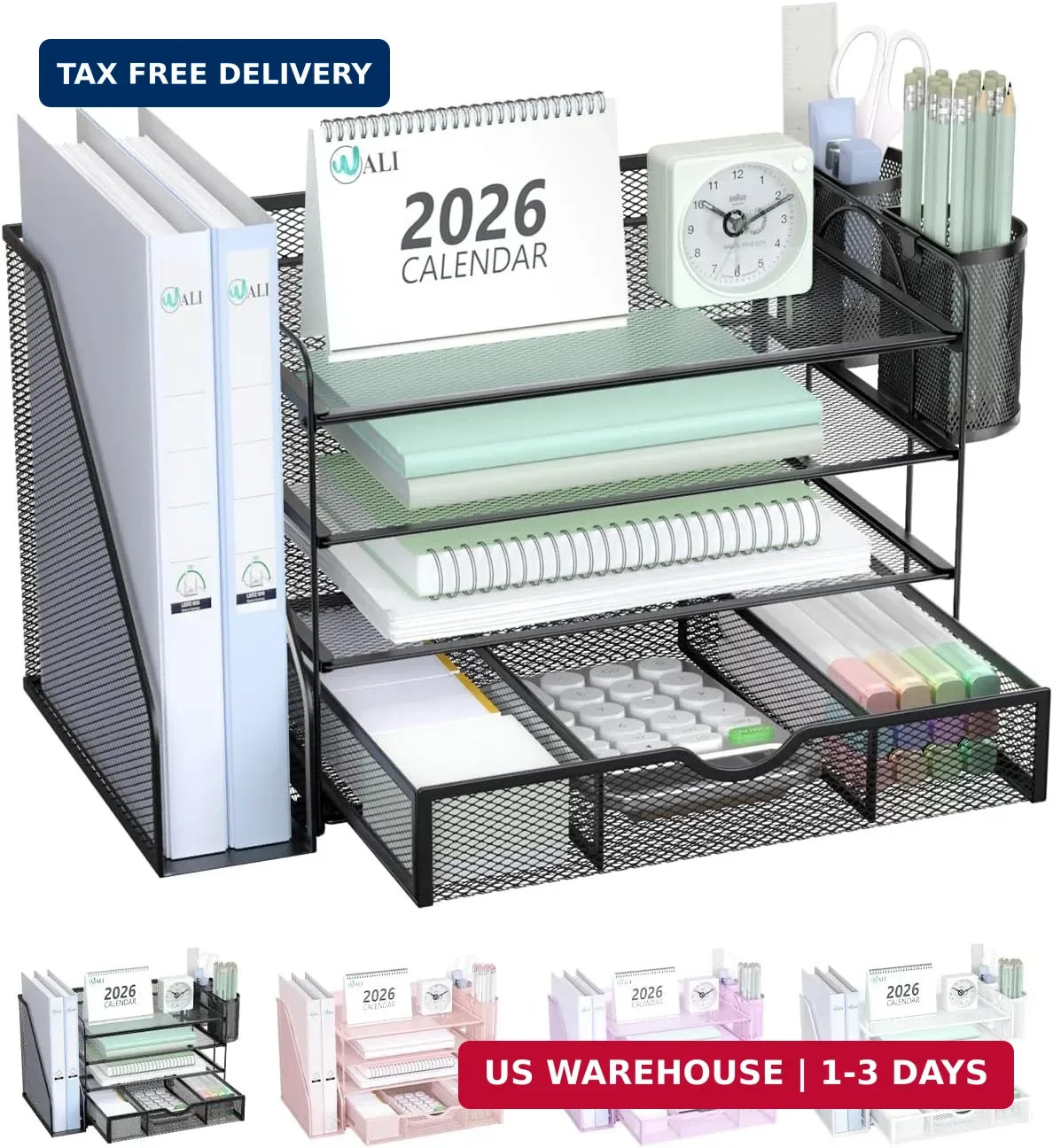 WALI Desk File Organizer, 4 Tier Desktop Paper Letter Tray Organizer with Drawer