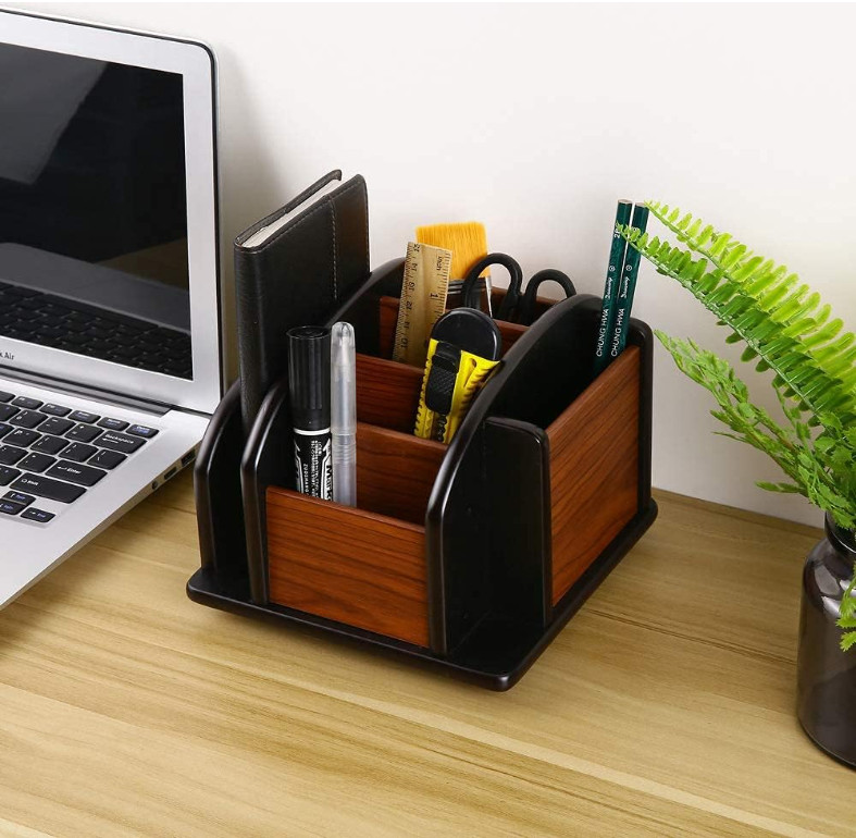 Wooden Desk Organizer, Desktop Office Supplies Storage Remote Control Caddy H…
