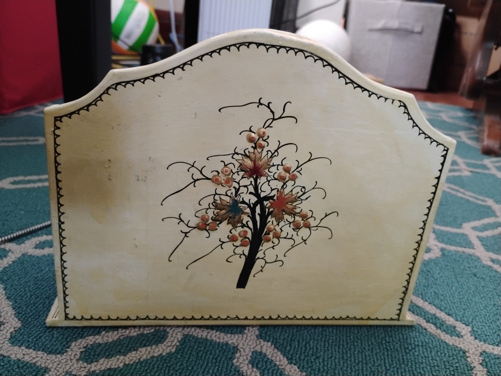 Vintage Wooden Letter and Document Organizer – Hand-Painted Floral Design