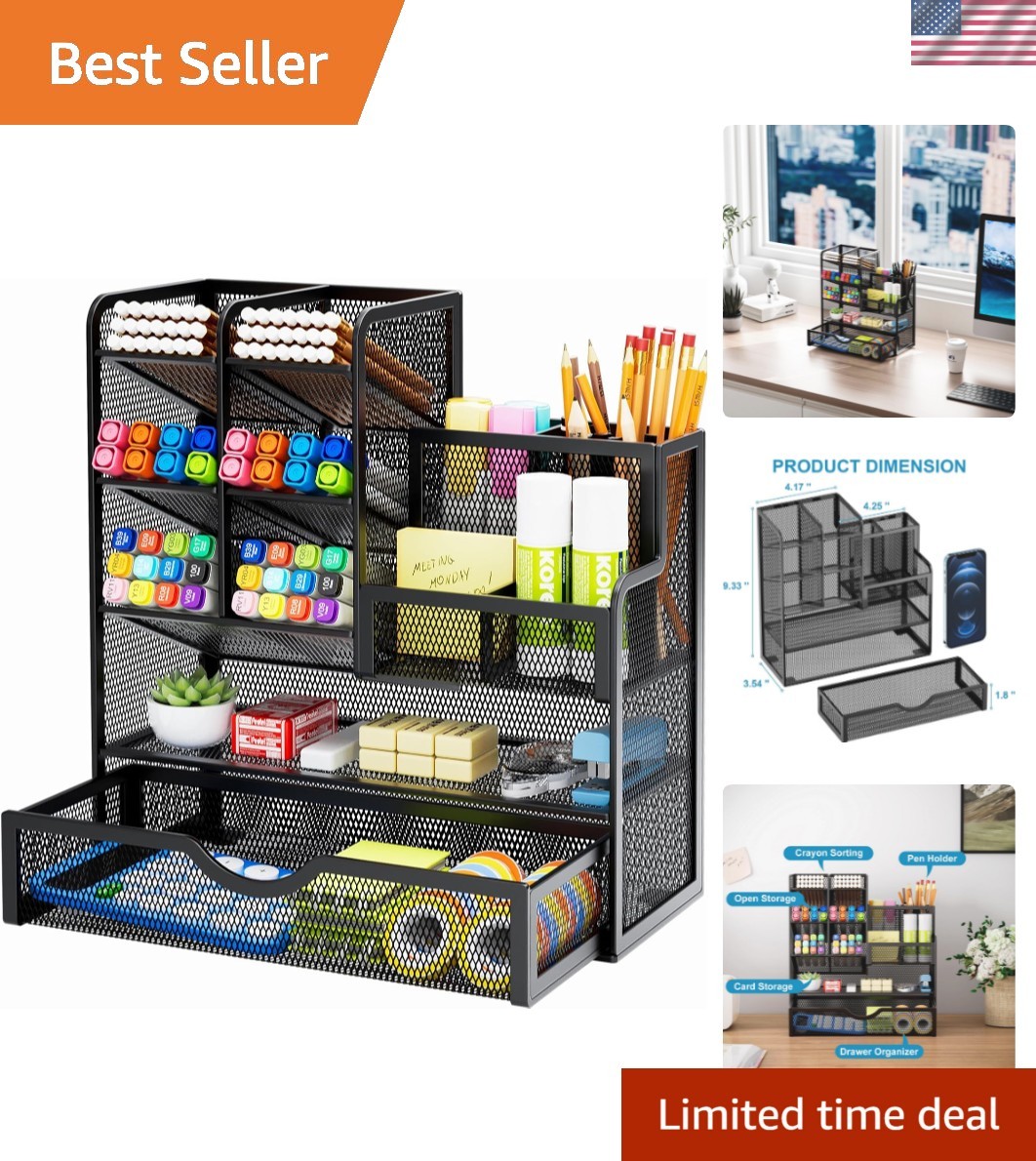 Mesh Pen Holder for Desk, Multi-Functional Pencil Organizer with Drawer, Desk…