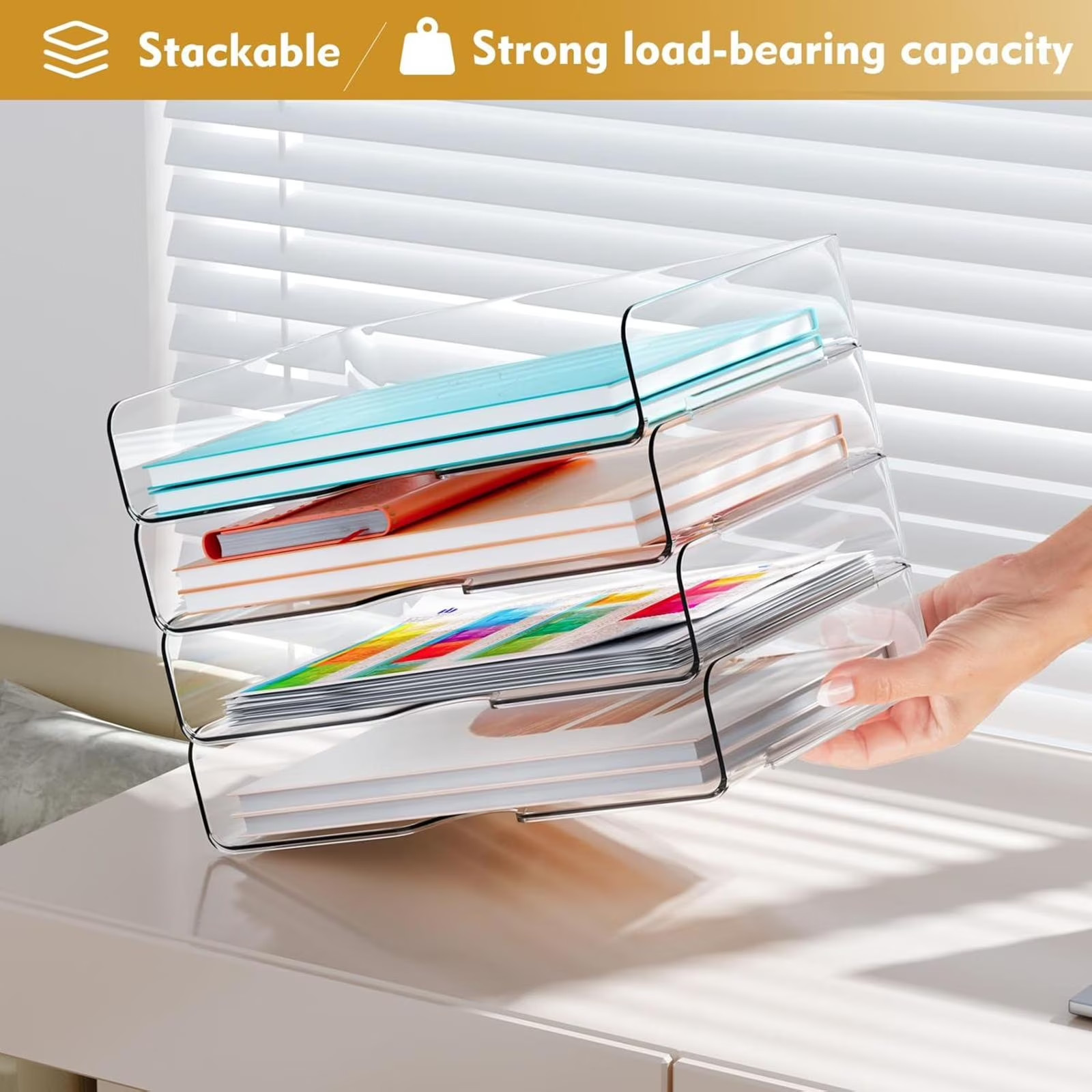 Clear 4-Tier Stackable Desk Organizer, Horizontal Paper File Tray, Desktop Docum