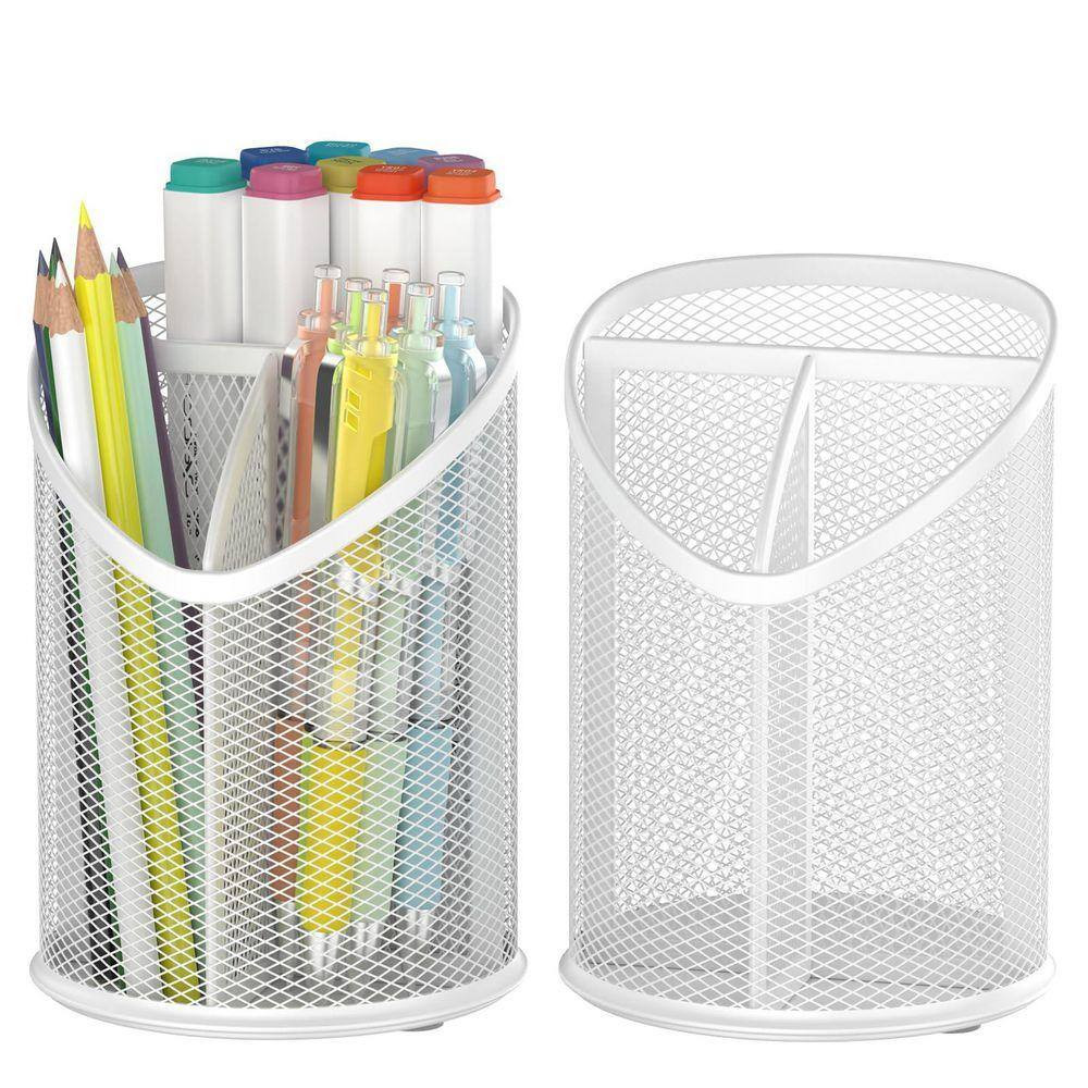 2 Pack White Metal Mesh Pen Holder Organizer with Sturdy Construction and Space-