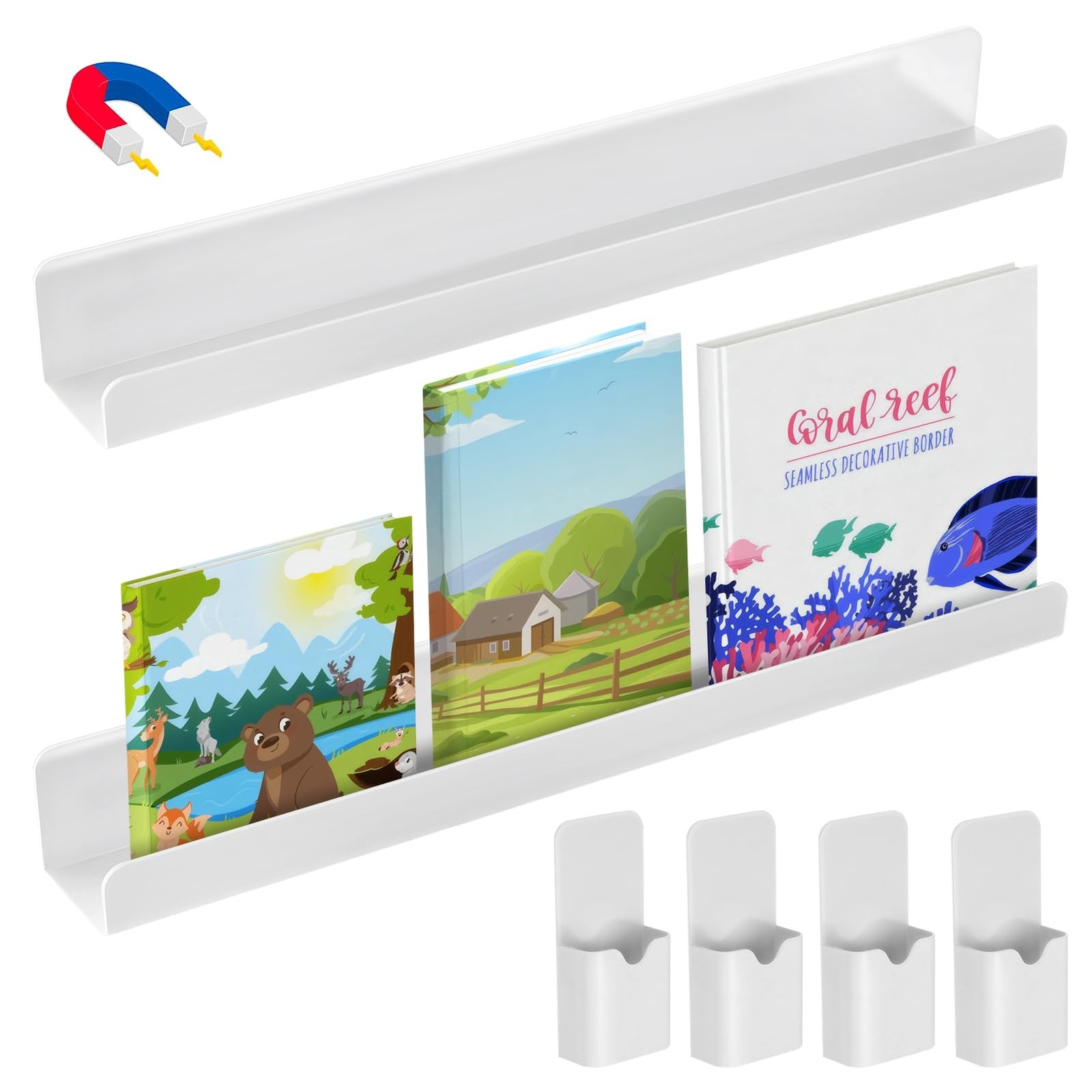 2 Pcs Acrylic Magnetic Book Shelf & 4 Pen Holders for Whiteboard – 6Lbs Beari…