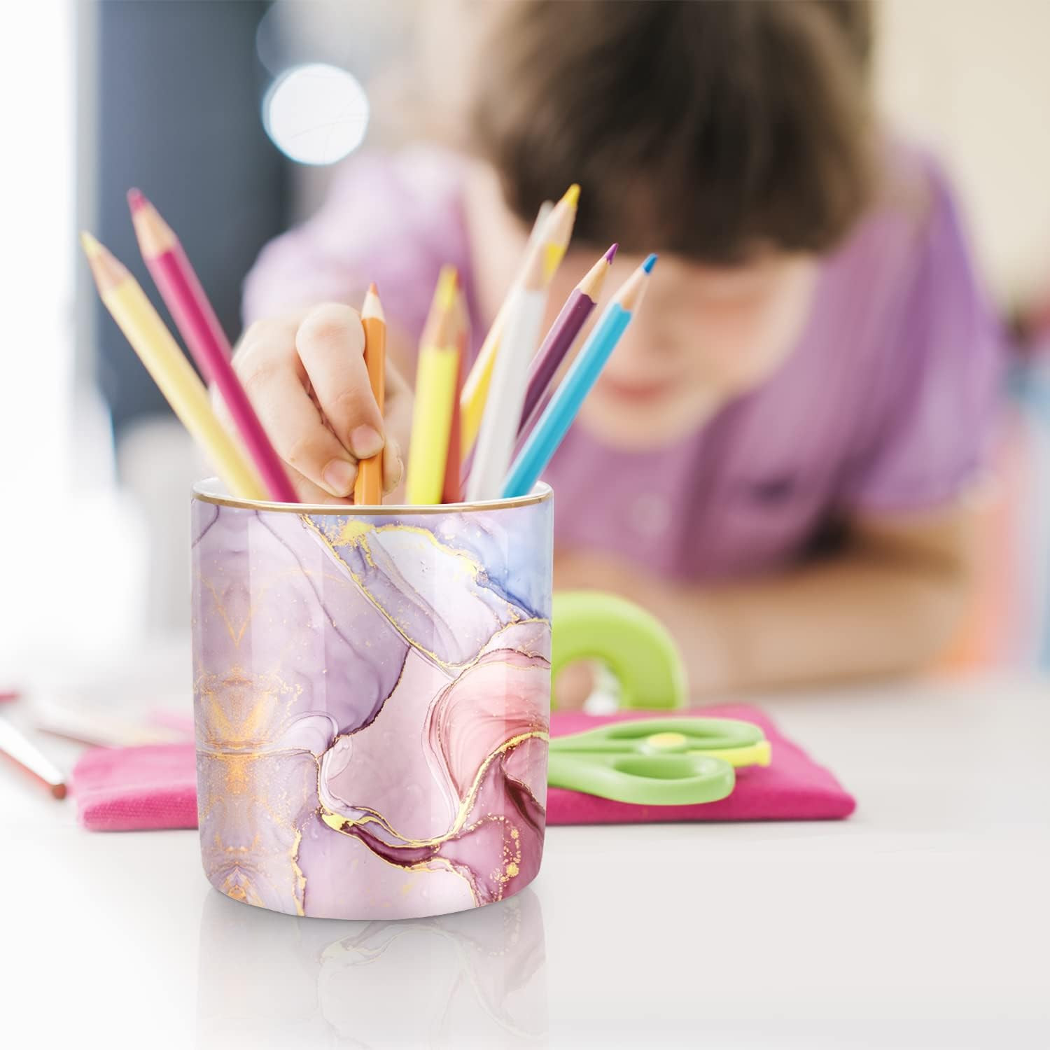 Pink Pen Holder for Desk, Premium Ceramic Pencil Holder Pen Cup Marker Holder Ma