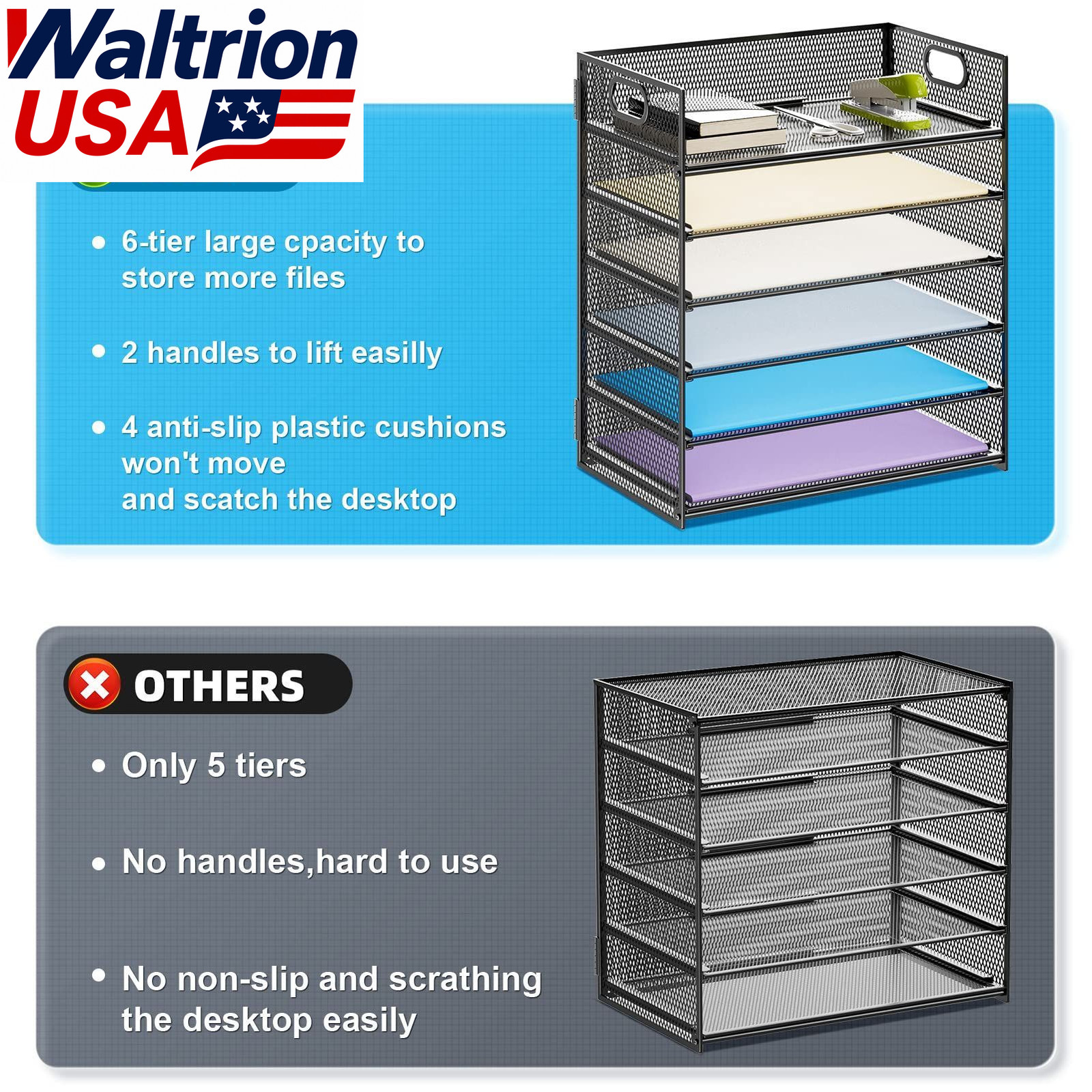 Marbrasse 6 Tier Paper Organizer Mesh Desk File Tray Letter A4 Sorter Black