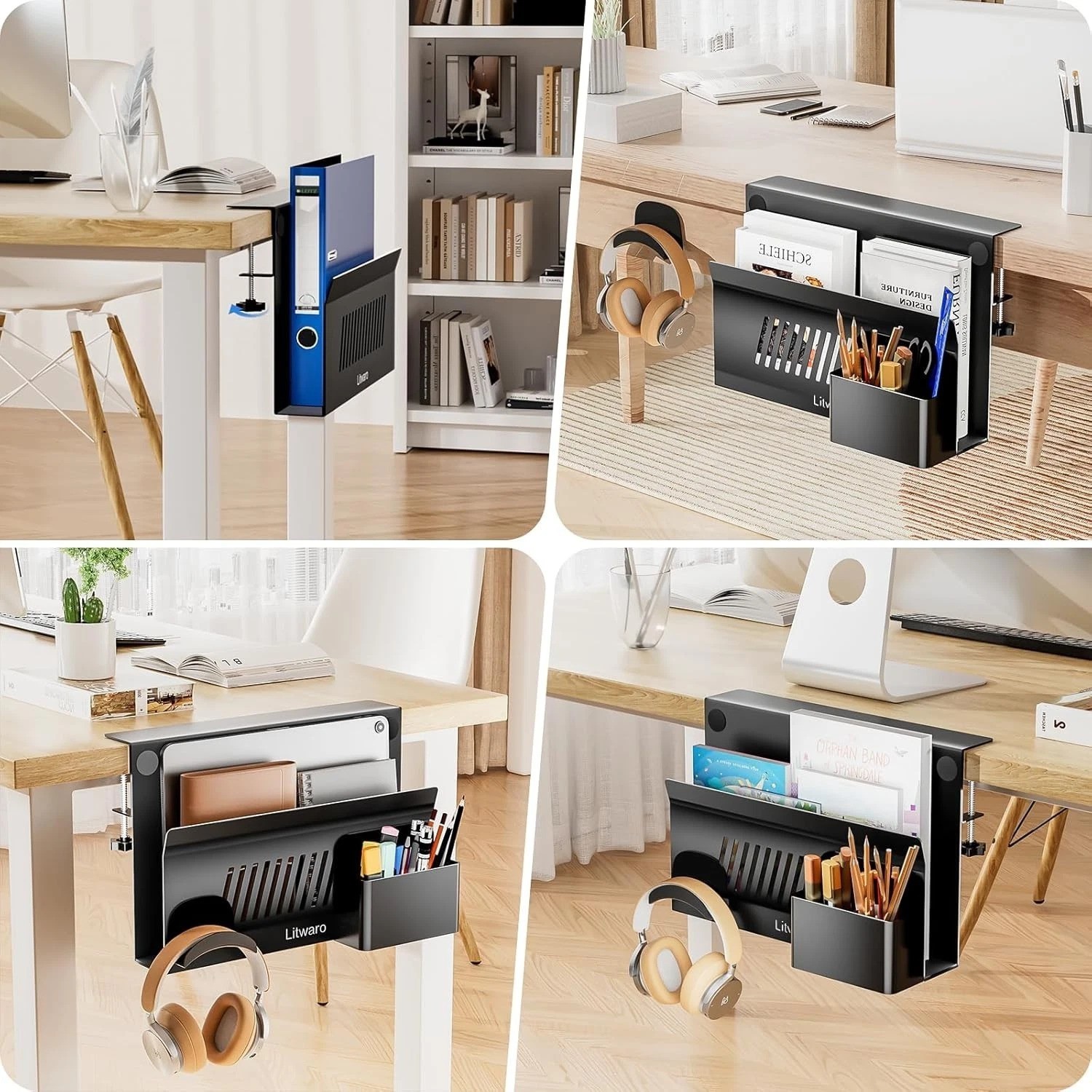 Multifunctional Desk Side Storage with Magnetic Pen Holder & Headphone Hook