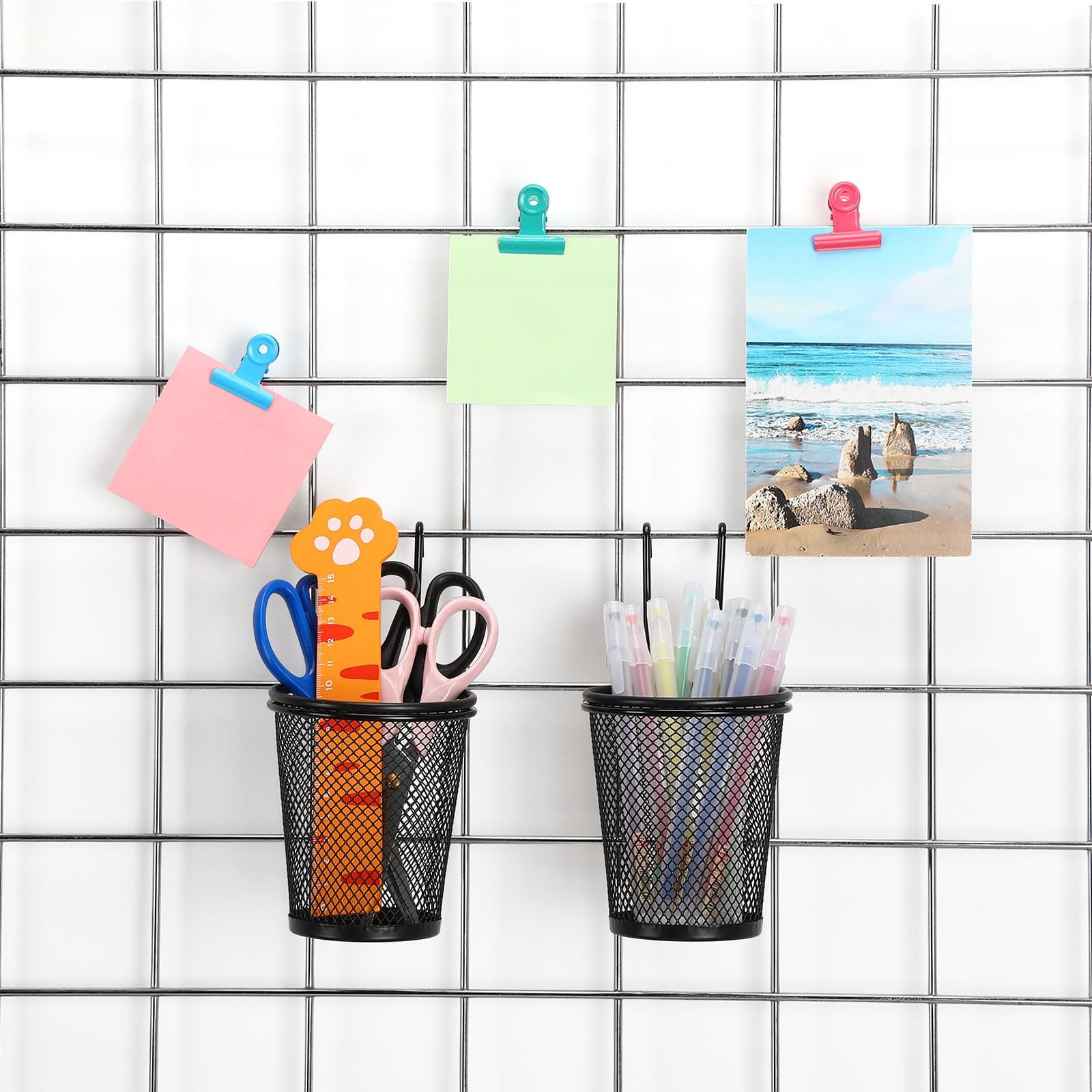 6 Sets Grid Wall Cups with Ring Hooks, hanging pencil holder Wall Mount Wire …