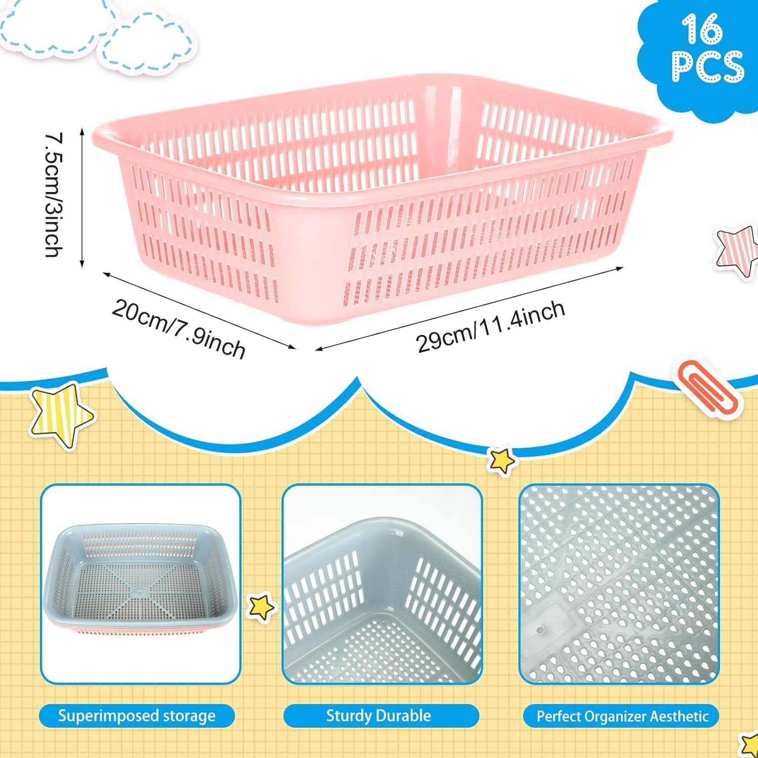Geelin 18 Pcs Storage Baskets Plastic Mesh 11.4 x 7.9 x 3 inches, Beige,Blue