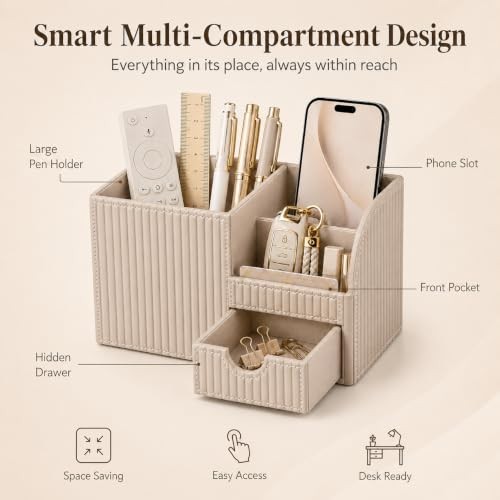 PU Leather Desk Organizer with Drawer Pen Holder Multi-Compartment Office