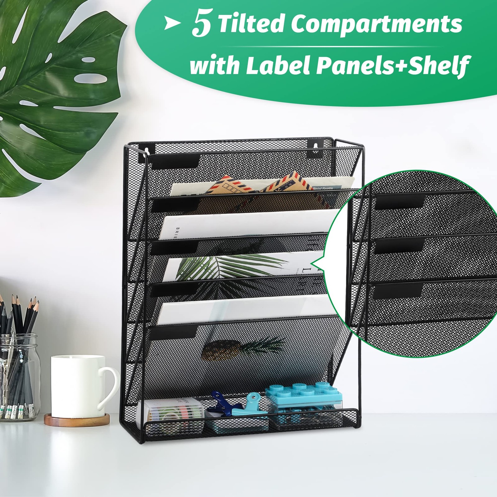 EASEPRES Desk File Organizer Mesh 6-Tier, Hanging Wall Mount 6 Tier, Black
