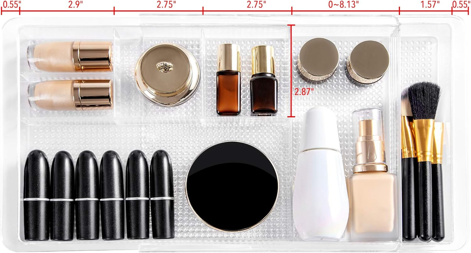 Expandable Drawer Organizer 11.1” to 19.2” Width, Shallow Cosmetic Organizer 1.3