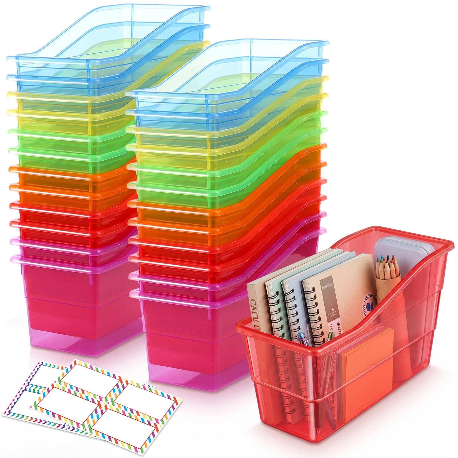 24 Set Book Bins for Classroom with Label Sticker Book Box Baskets Plastic St…