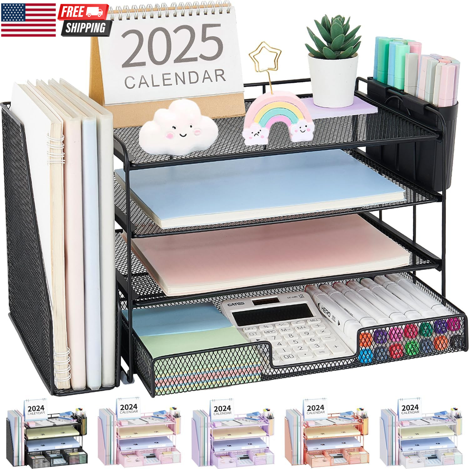 Desk Organizer, 5-Tier Paper File Organizer with Drawer & Pen Holder, Office Des