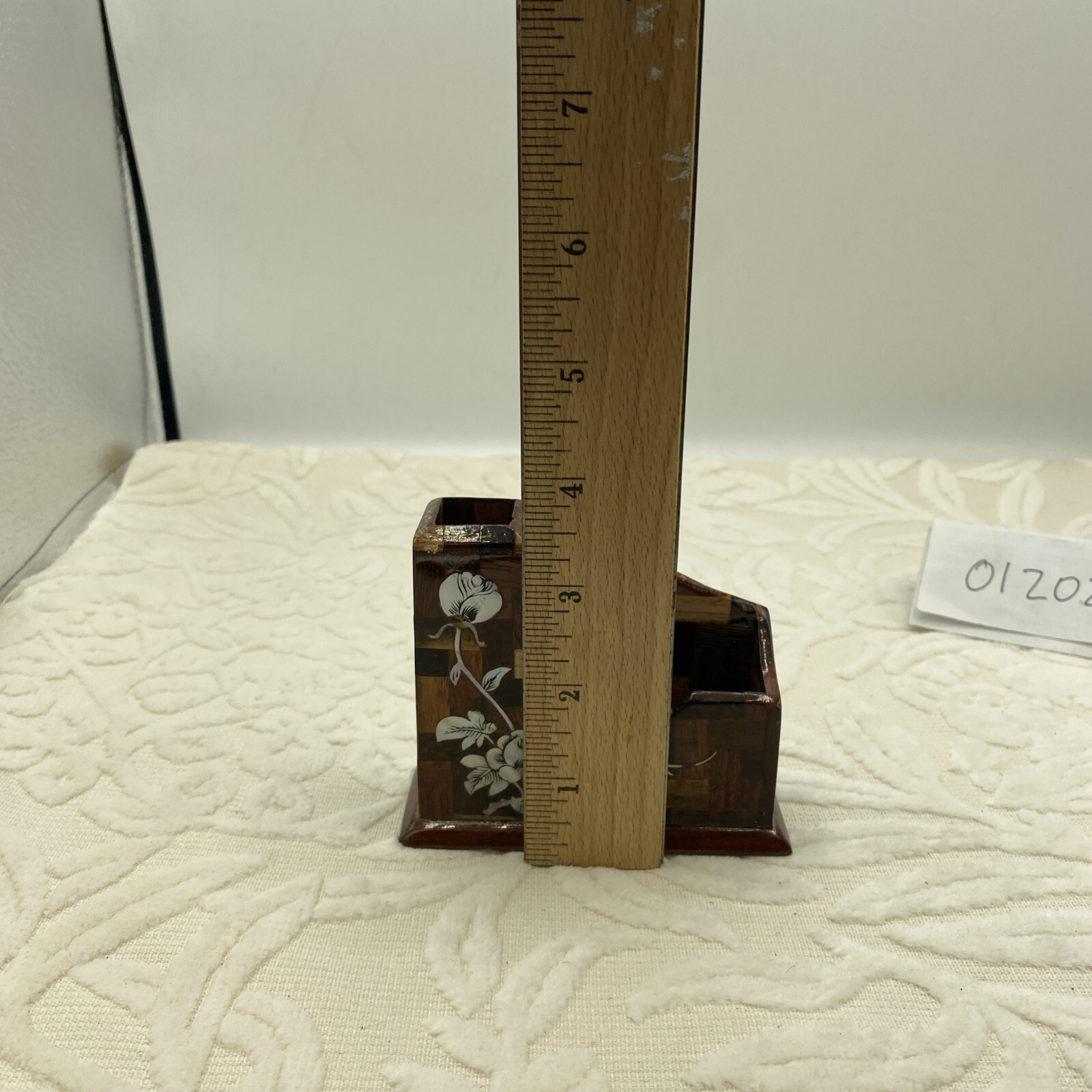 Handmade Laquered Wood Business Card & Pencil Holder With Inlaid Shell Design