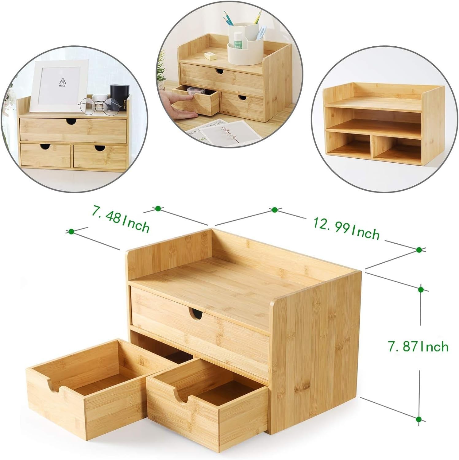 Bamboo 3-Drawer Desk Organizer with Shelf, No Assembly, 12.99×7.48×7.87 in