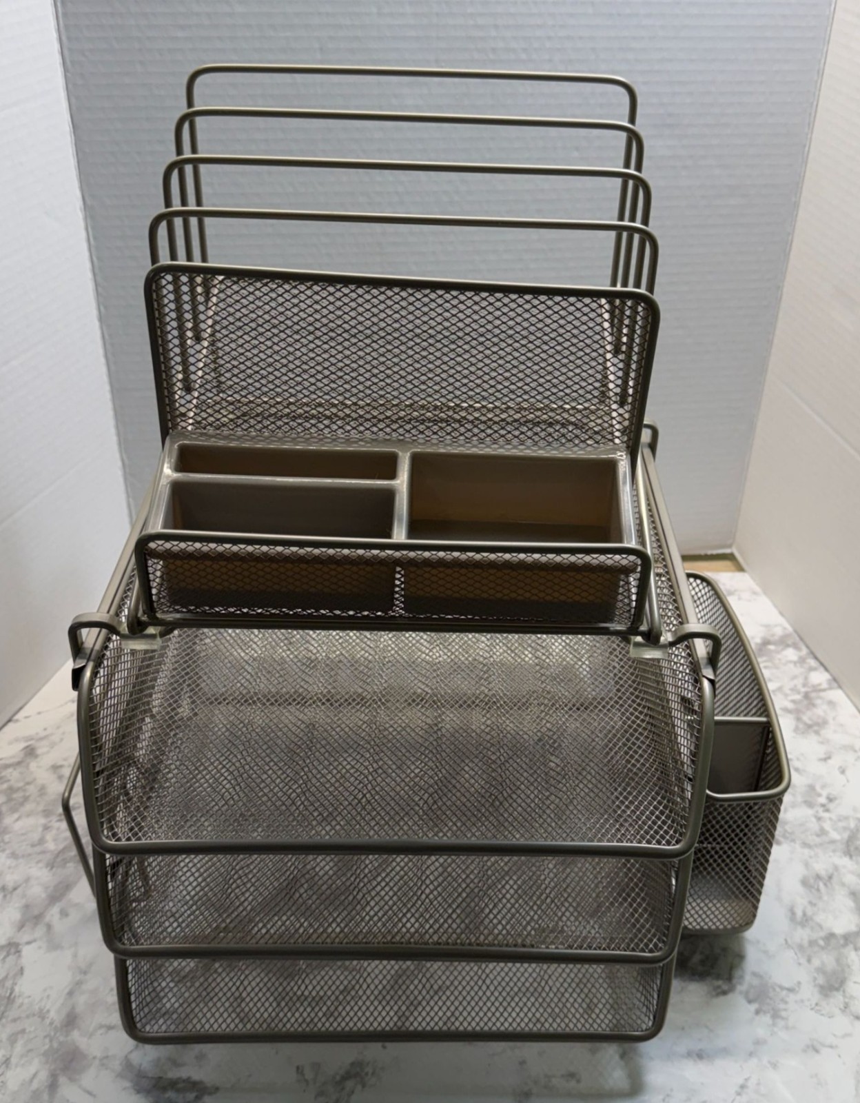 Mesh Metal Office Desk Organizer Steel Grey Finish Sliding Baskets Paper Holders