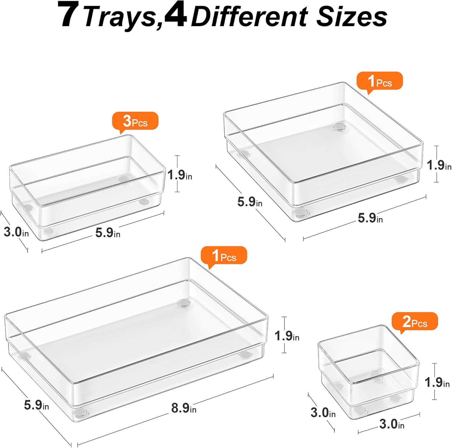 7-Piece Clear Drawer Organizer Trays with Non-Slip Pads for Desk Kitchen