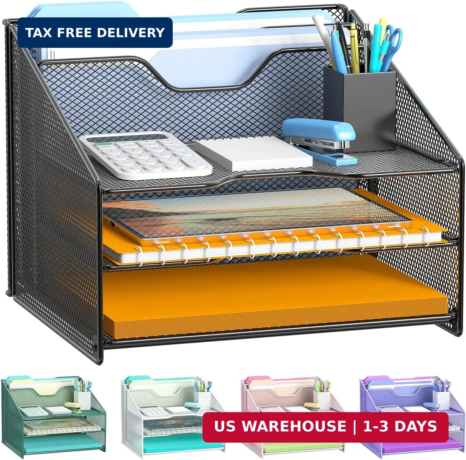 Samstar Desk File Organizer, Mesh Letter File Folder Holder with 3 Paper Trays a