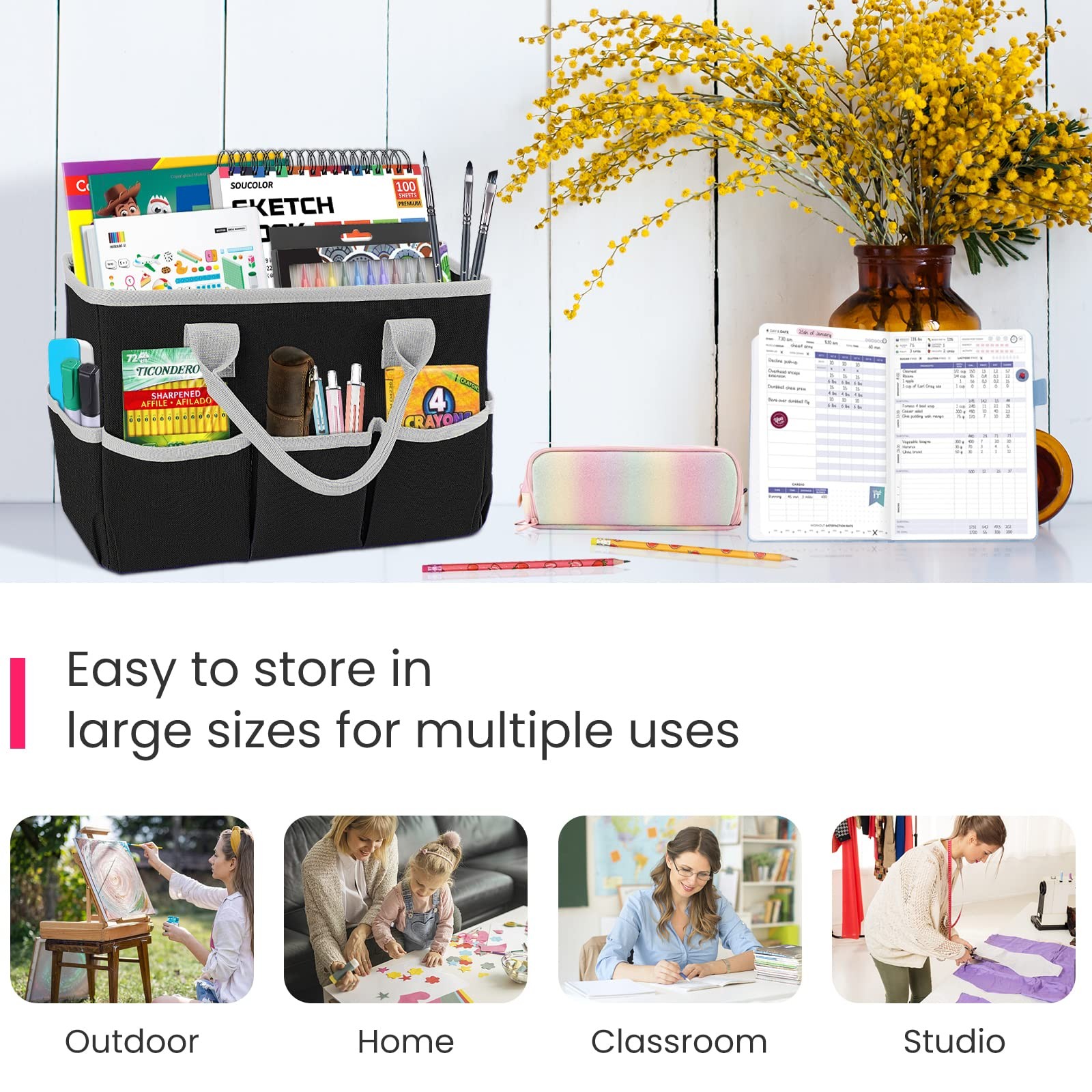 Desktop Tote Organizer Teacher Bag For Arts Books Stationery Makeup Black