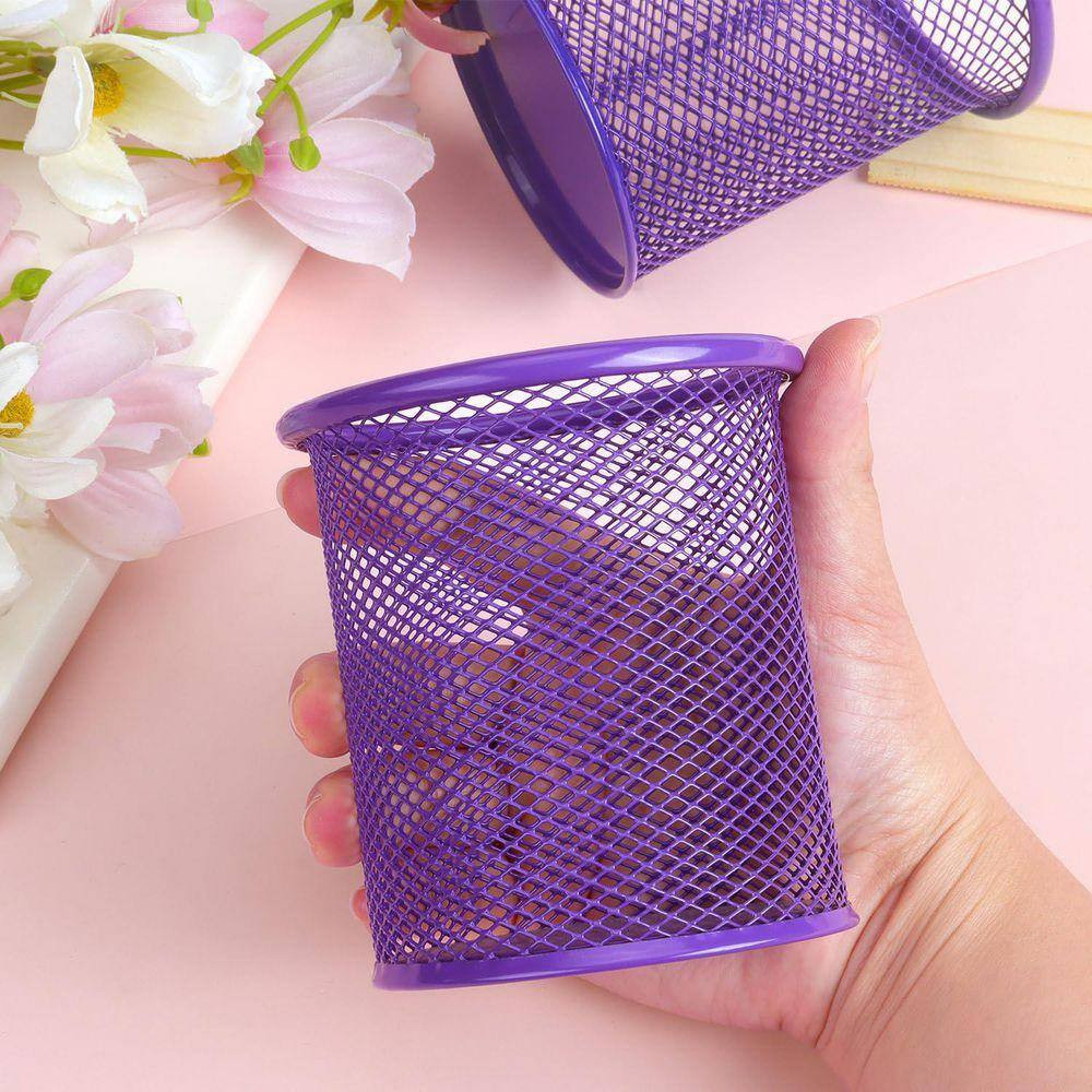3.5 X 3.5 X 3.9 Inches Mesh Metal Pen Holder Cup for Desk Office, Purple, Holds