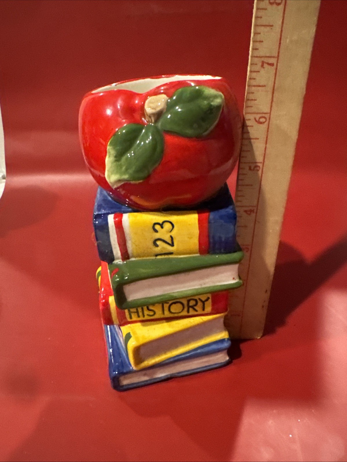 School Books with Apple Top Pen Holder Tall 6” Wide Top : 2 1/2”
