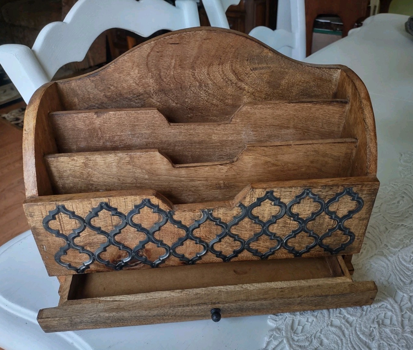 Wood Rustic Mail Organizer with Drawer Desk Top Brown