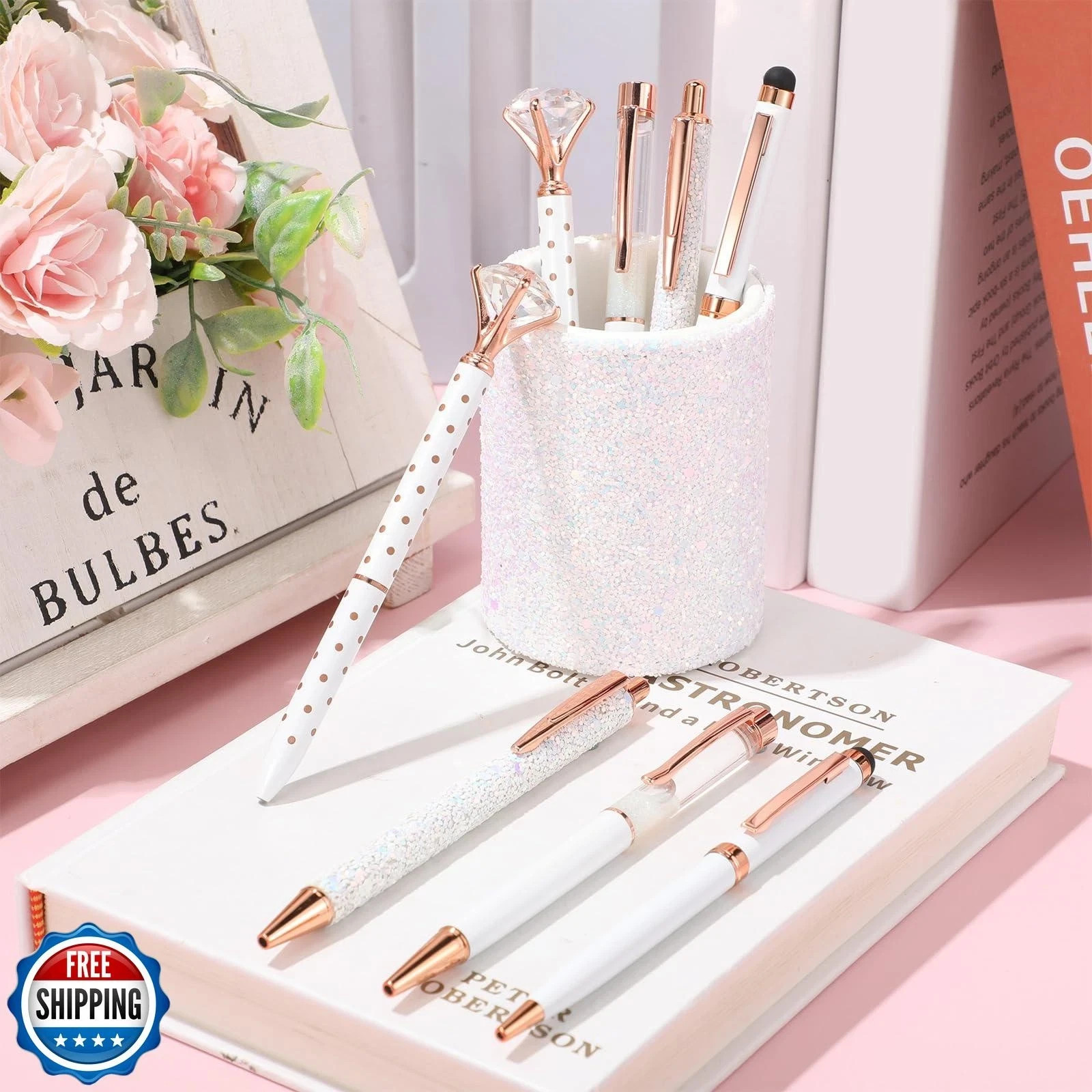 Sabary 8 Pcs White Pens with Pen Holder for Desk Glitter Crystal