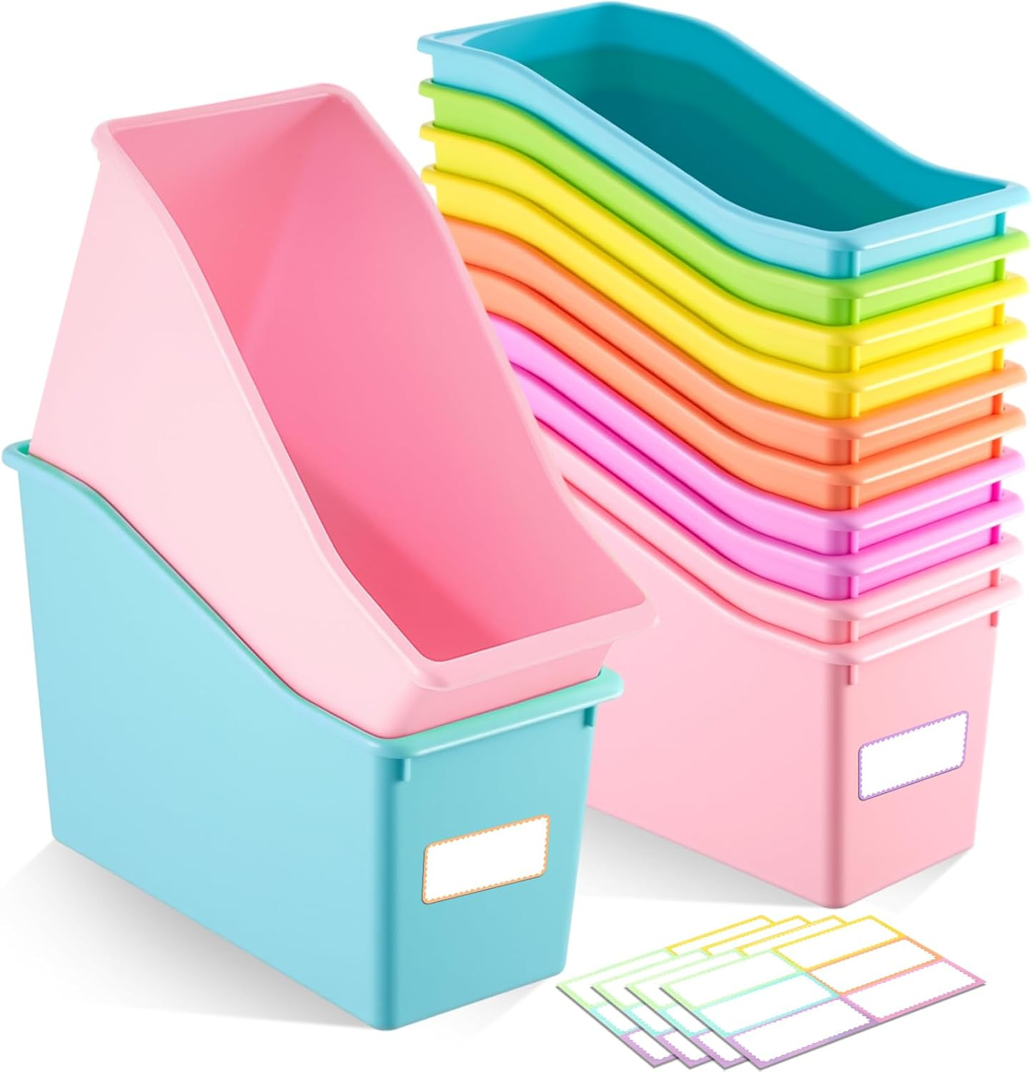 12 Pcs Book Bin for Classroom with Labels Stackable Plastic Organizing Bins 11.5