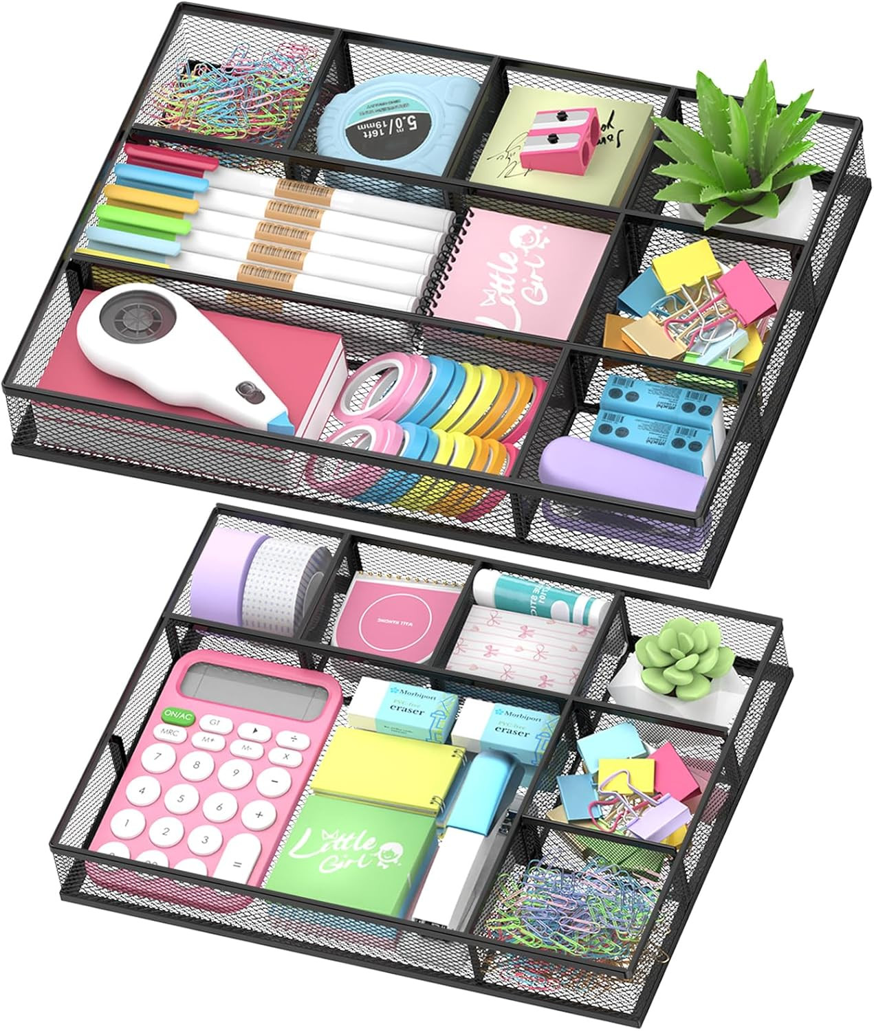 2 Pack Mesh Drawer Organizer Metal Desk Tray 8 Adjustable Compartments Black