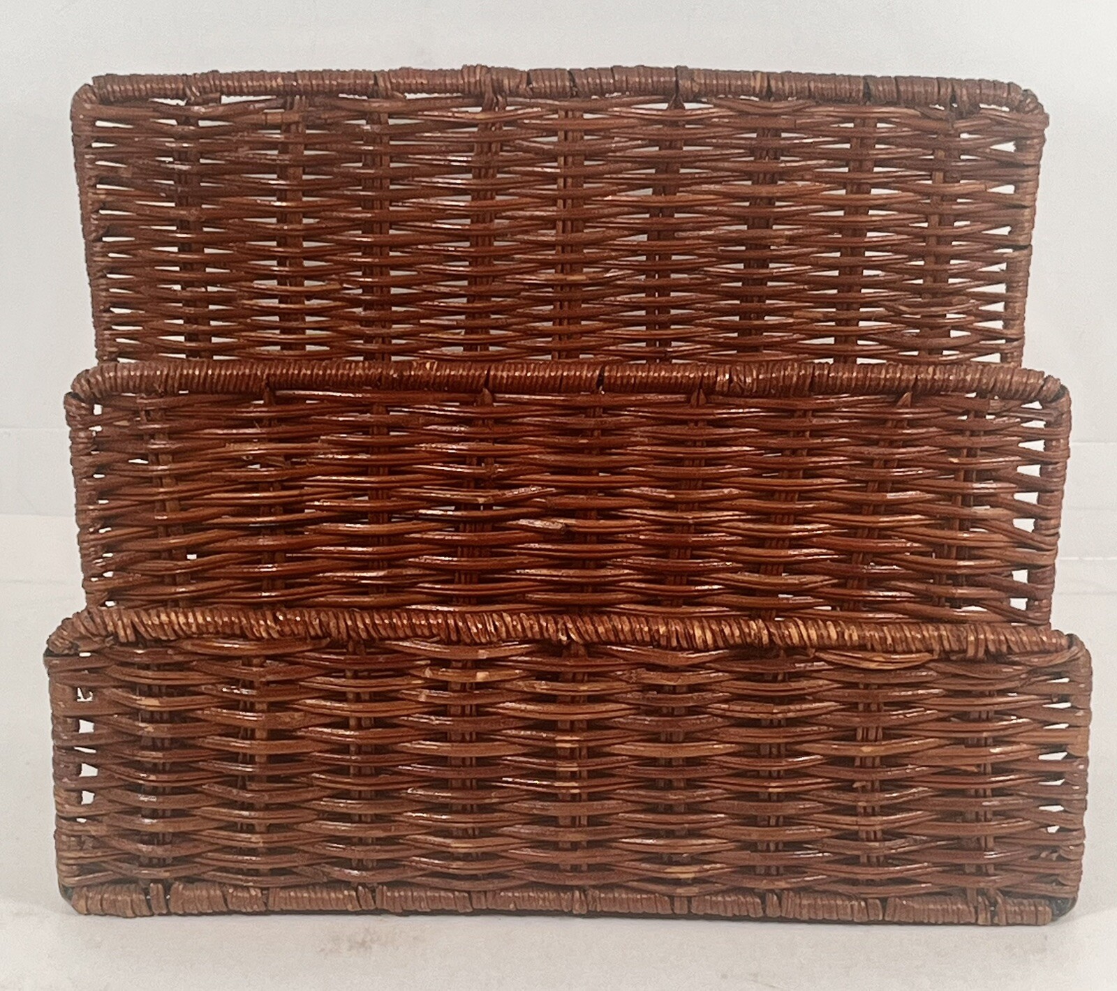 Vintage Woven Rattan Wicker 3 Compartment Letter Holder 7”x 9 1/4”