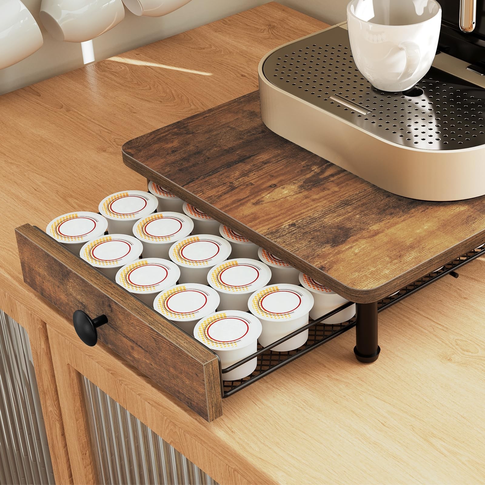 YATINEY Coffee Pod Drawer Holder, 11.8″ x 15.7″ x 3.5″, Rustic Brown + Black