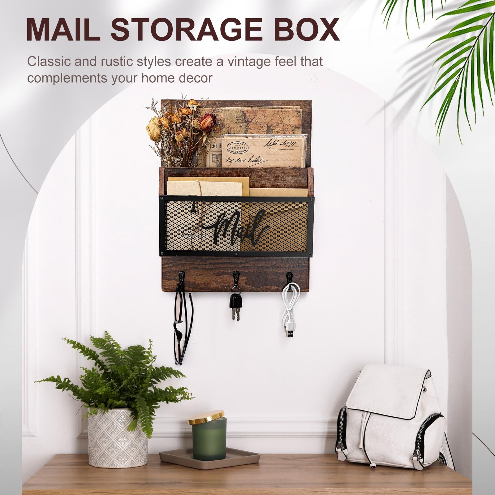 Farmhouse Organizer Wall Mounted Rustic Holder Hanging Key Sorter with 3 Hook…