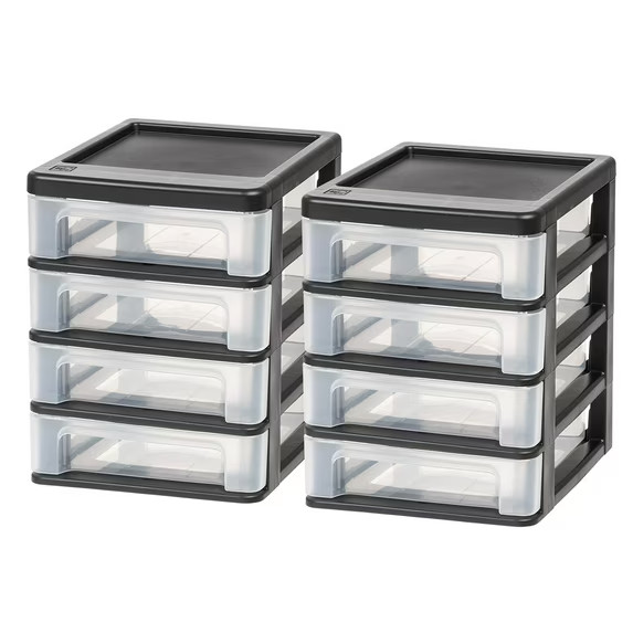 IRIS Small 4-Drawer Compact Desktop Organizer, Stacking Desktop Unit, Black-Clea