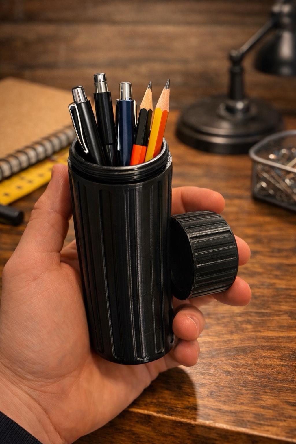 Black Plastic Cylindrical Pencil Holder with Screw-on Lid