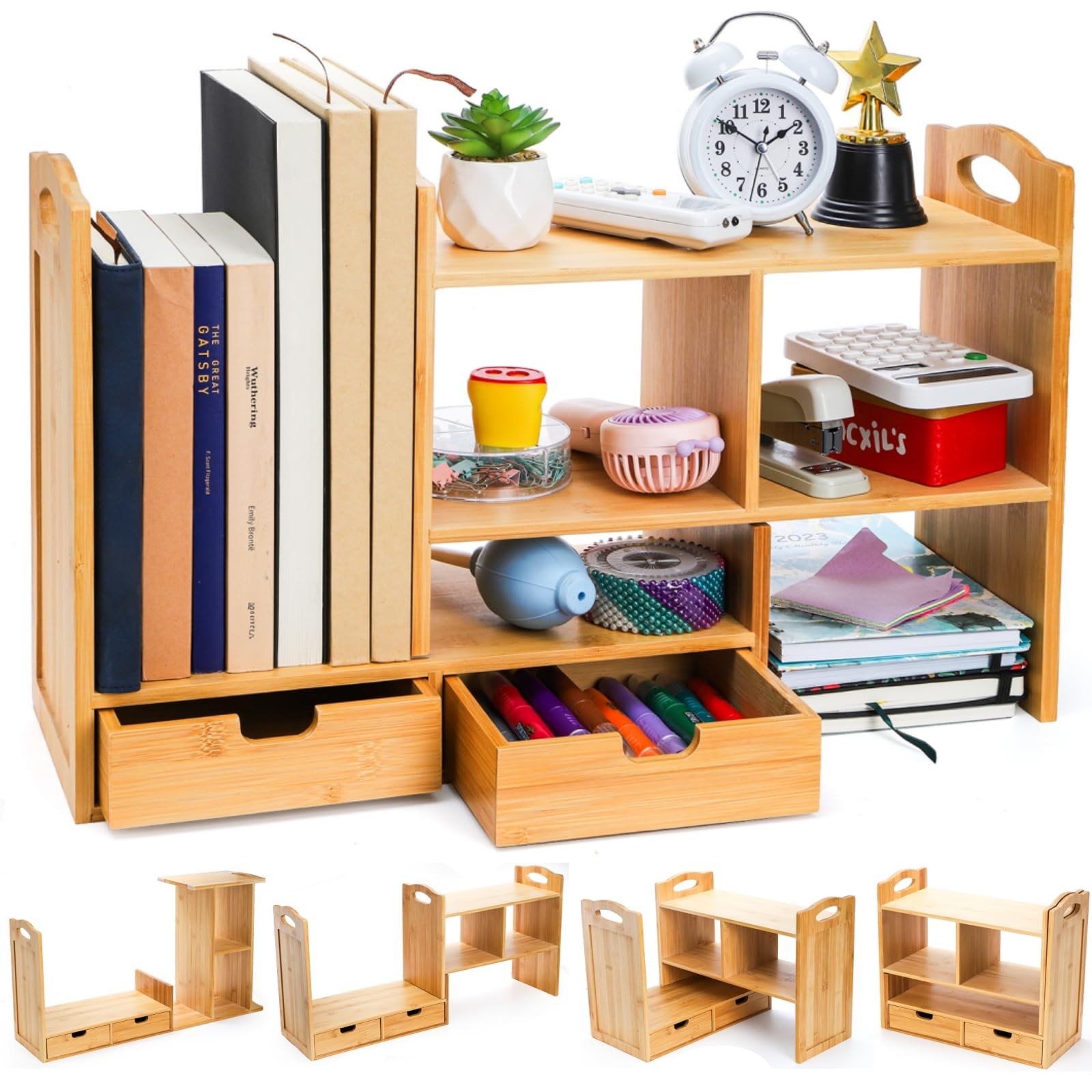 Eorbow Bamboo Desktop Bookshelf, Expandable Counter 15″ x 12″ x 6.5″, Natural