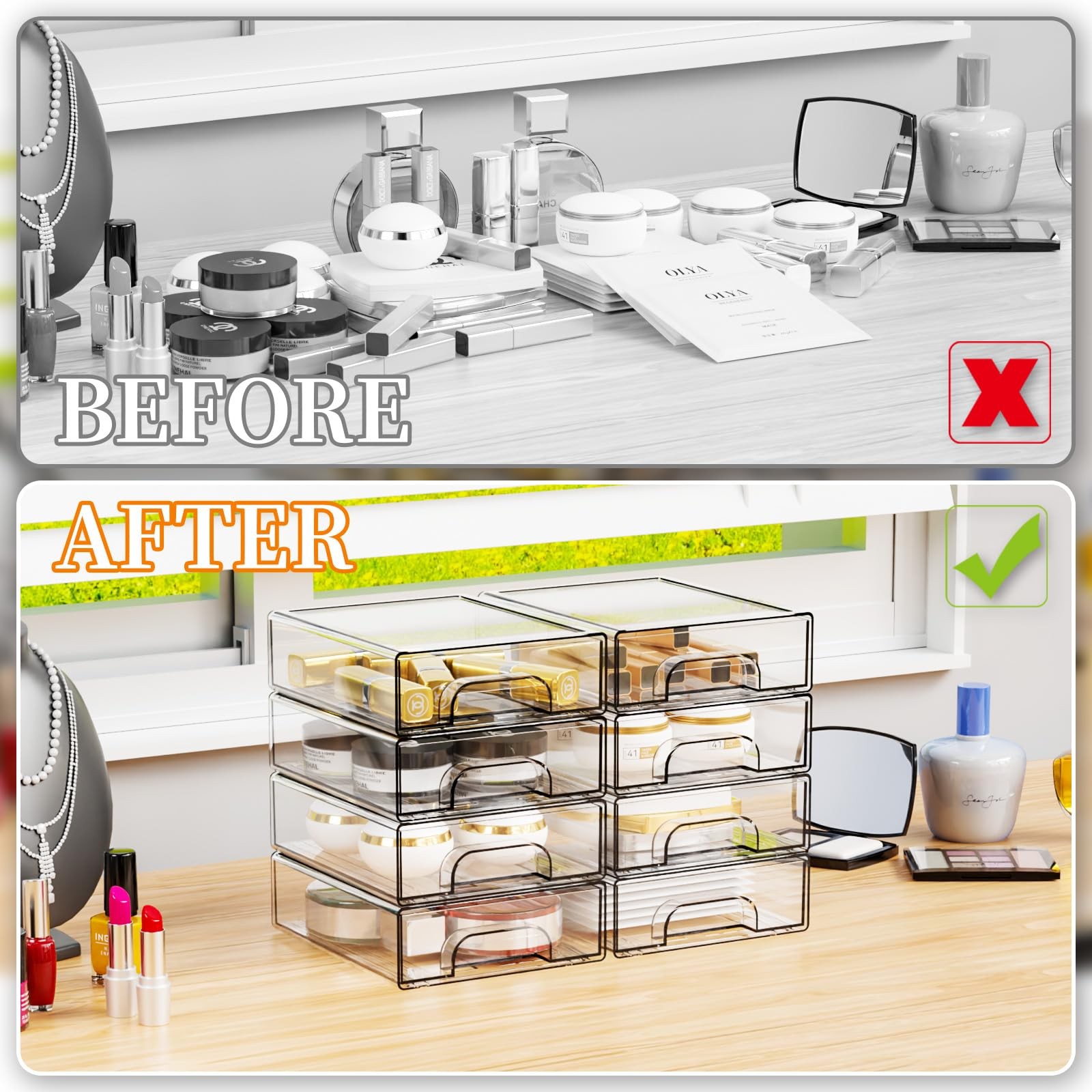 2.2” Tall Acrylic Clear Stackable Storage Drawer Organizer,8 Pack Desk Organ…