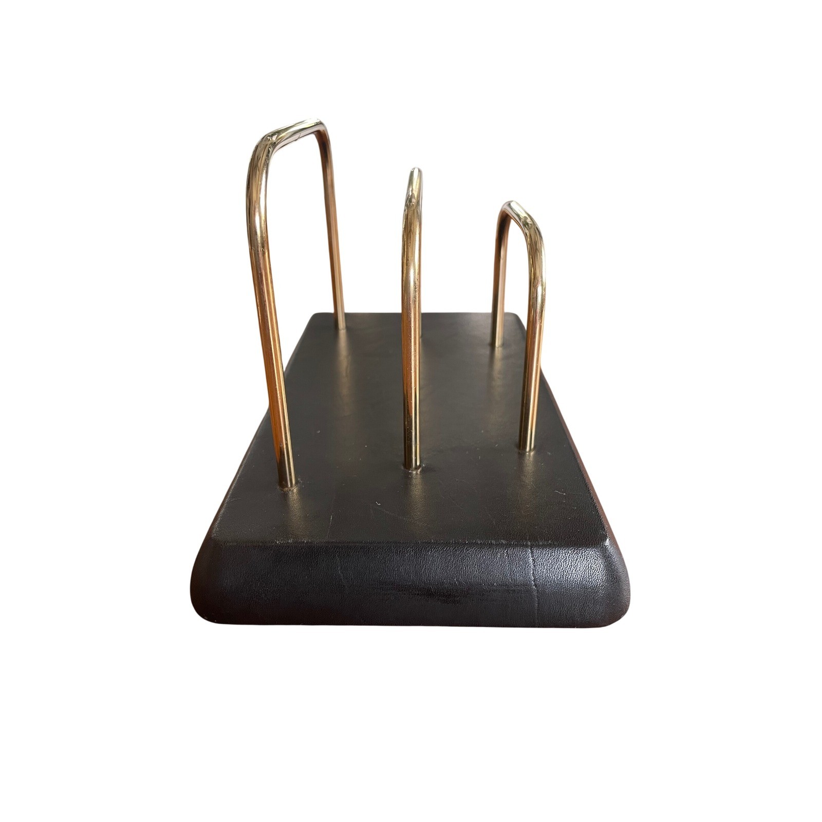 Vintage Tiered Letter Sorter Desk Organizer Gold Wire Black Faux Leather Base