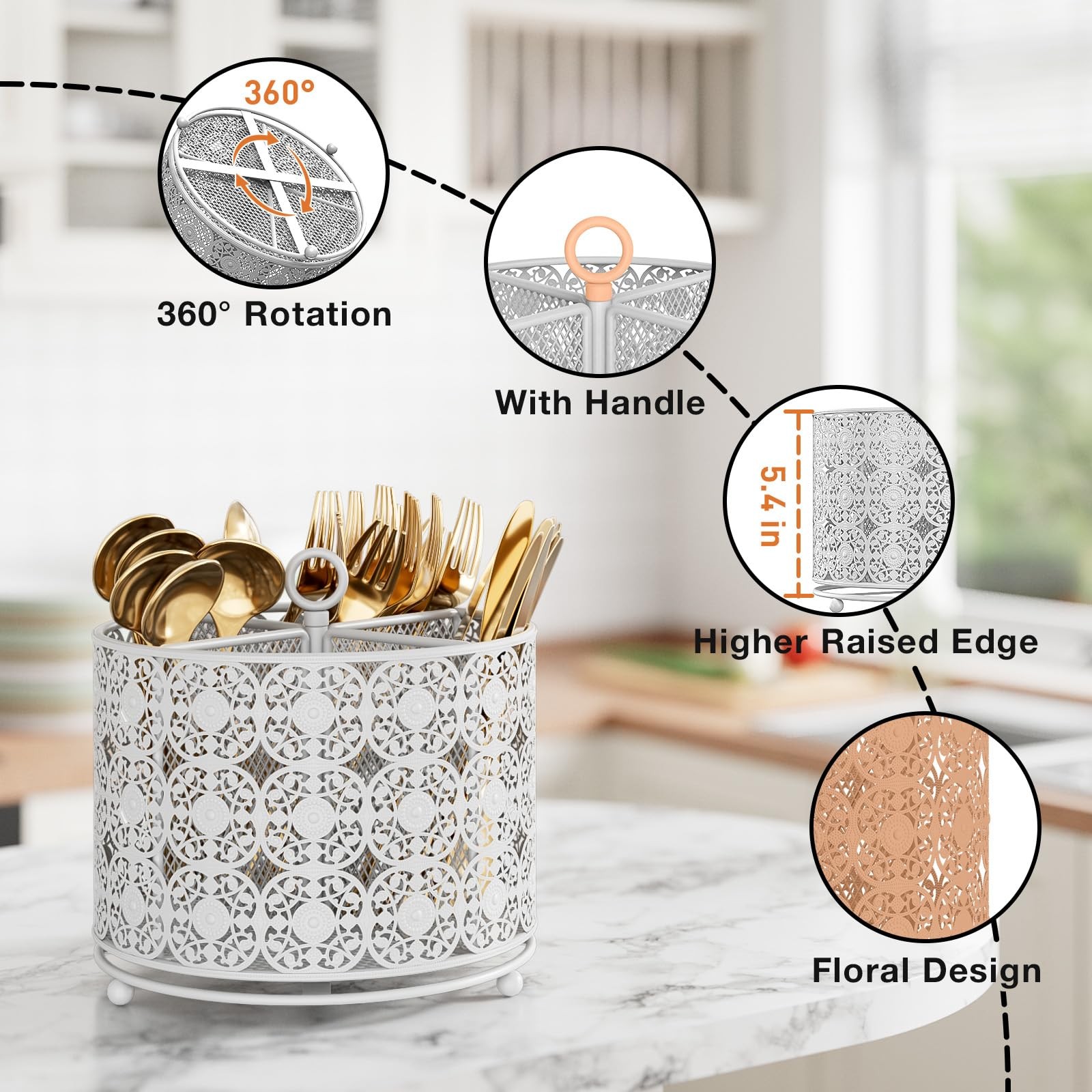 YIUKEA Rotating Utensil Caddy Holder – Higher Raised Cutlery White