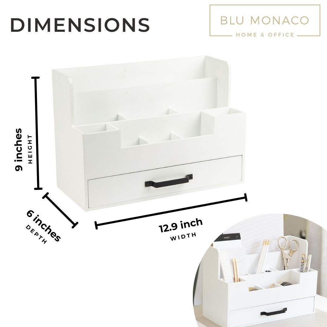 White Wooden Desk Organizer with Drawer – Office Desk Accessories and Organizer