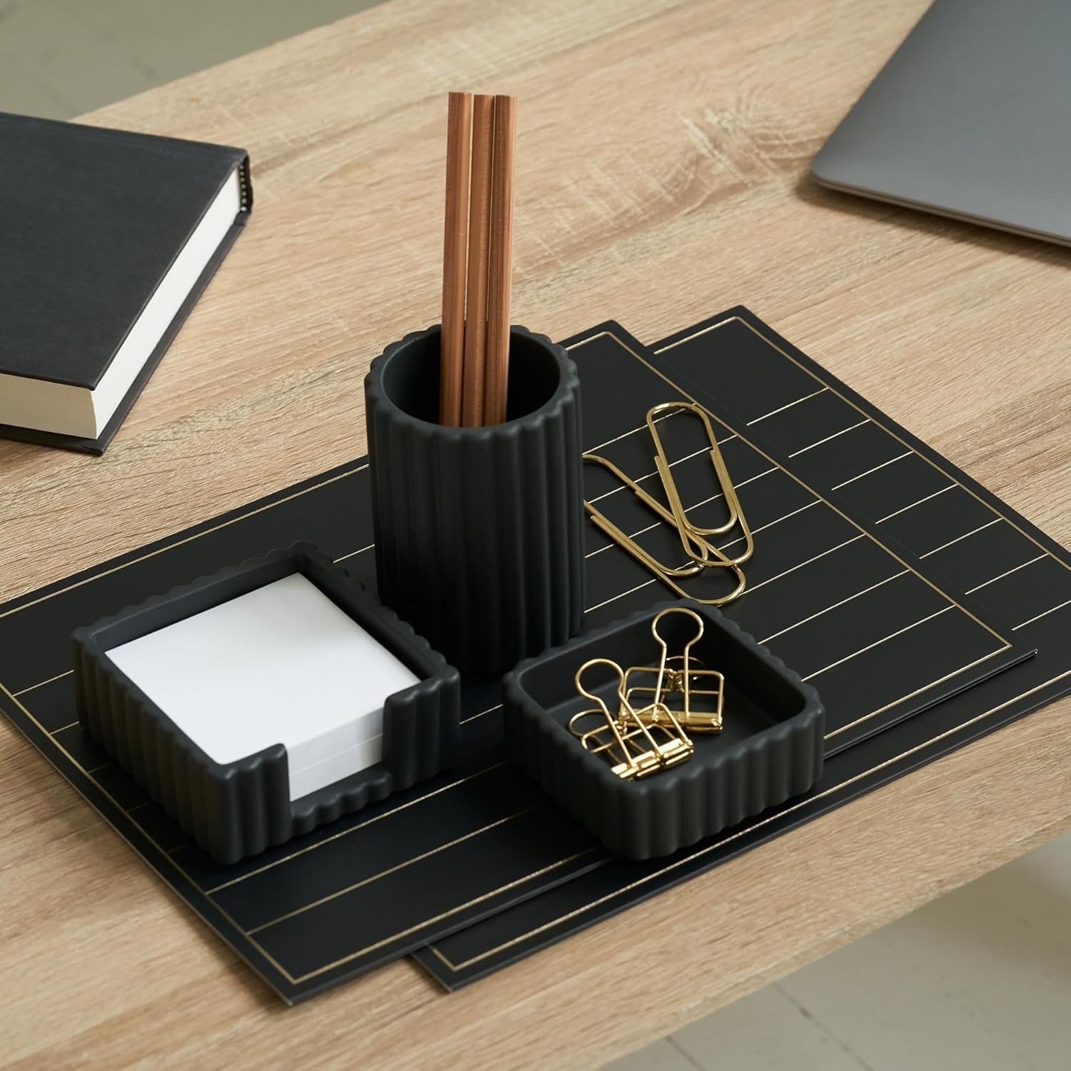Modern Concrete Desk Organizer Set for Pens & Supplies – Black Brushed Finish