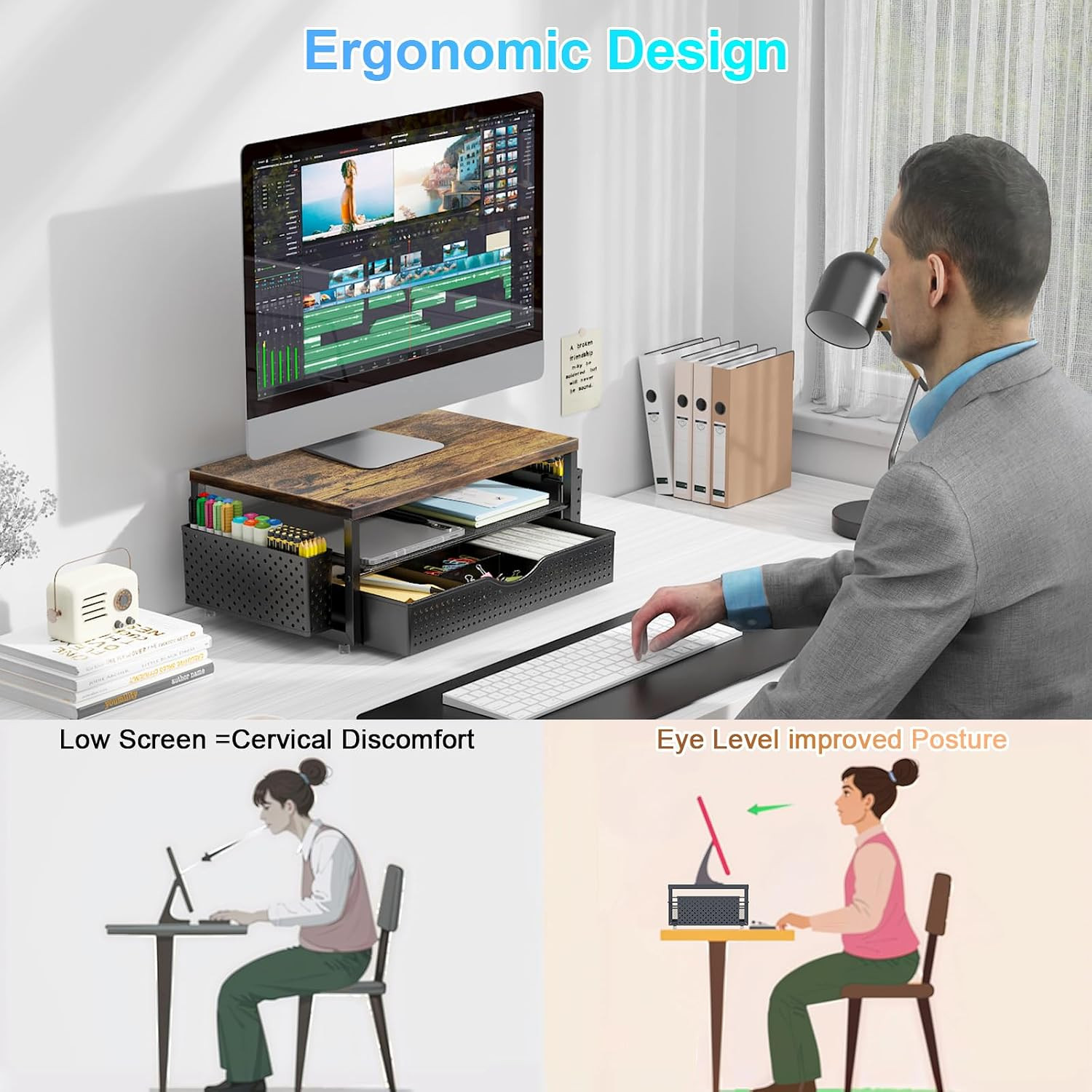 Gianotter Desk Organizers and Accessories, Monitor Stand with Drawer and 2 Pen H