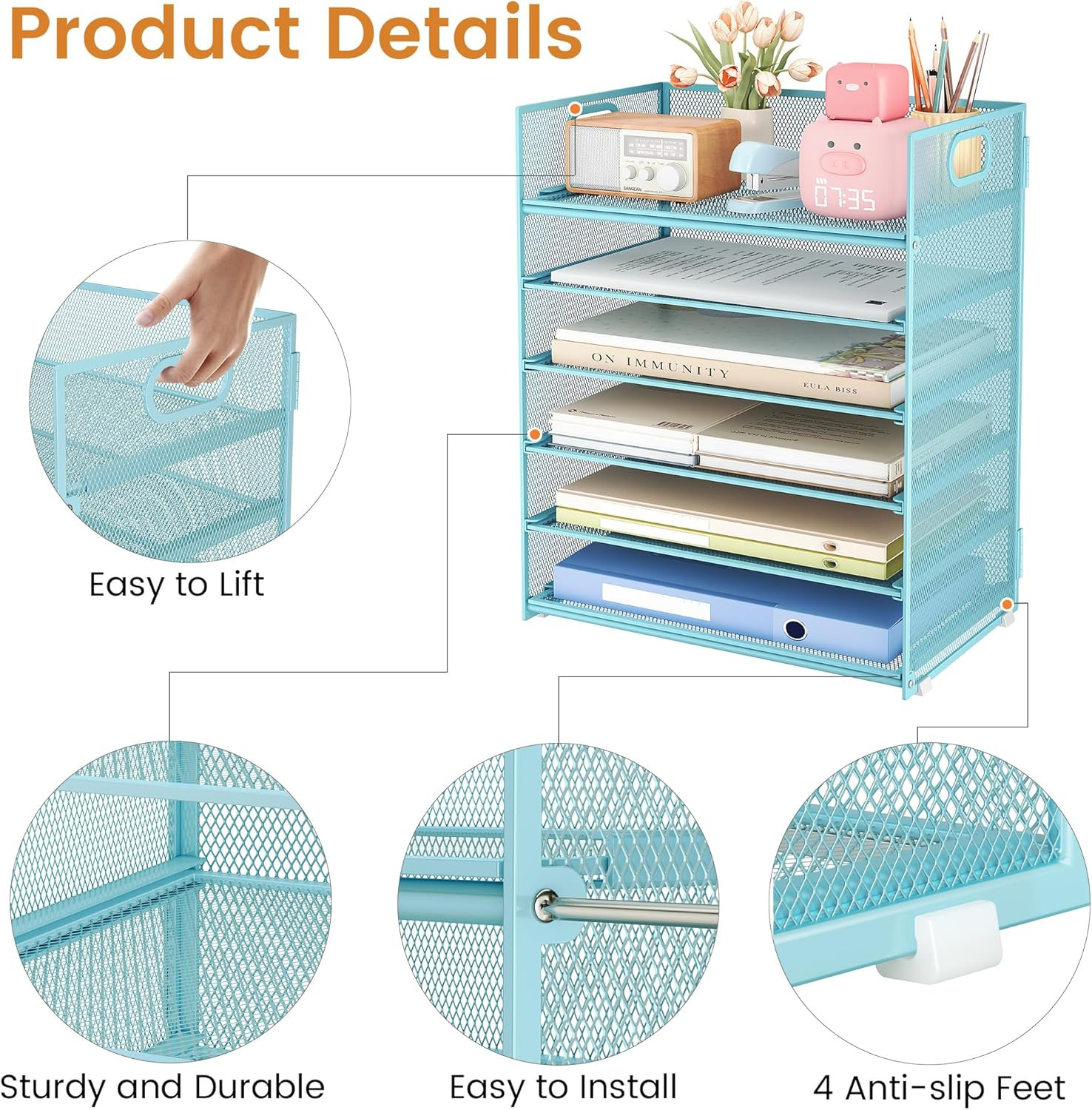 6 Tier Office File Paper Desk Tray Organizer with Handle, Stackable Slide Mesh L