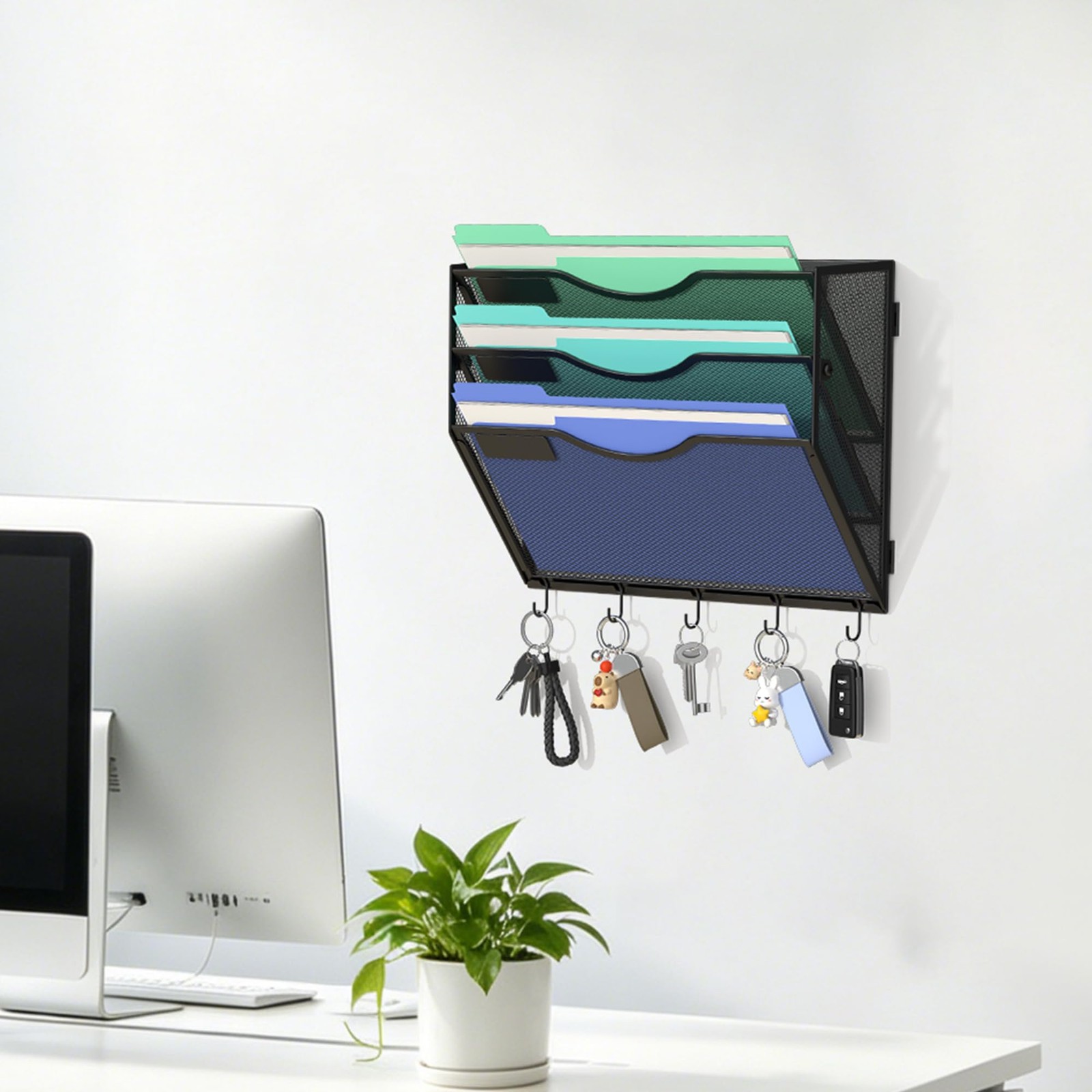 Gawerk Hanging Wall File Organizer with 5 Hooks – 3 Tier, 5-Tier Black